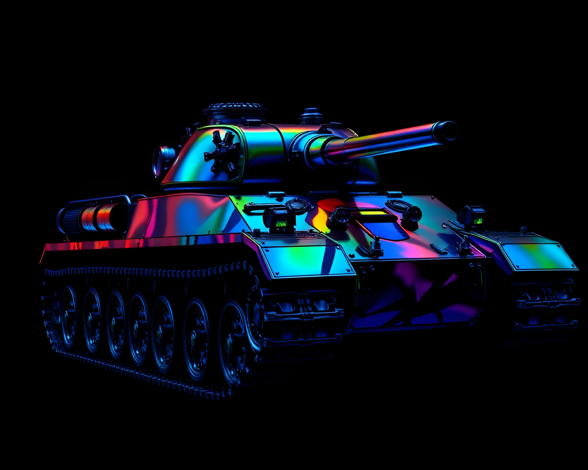 Armored Tank in Monochrome Blue Stained Glass Oil Slick – free AI stock image