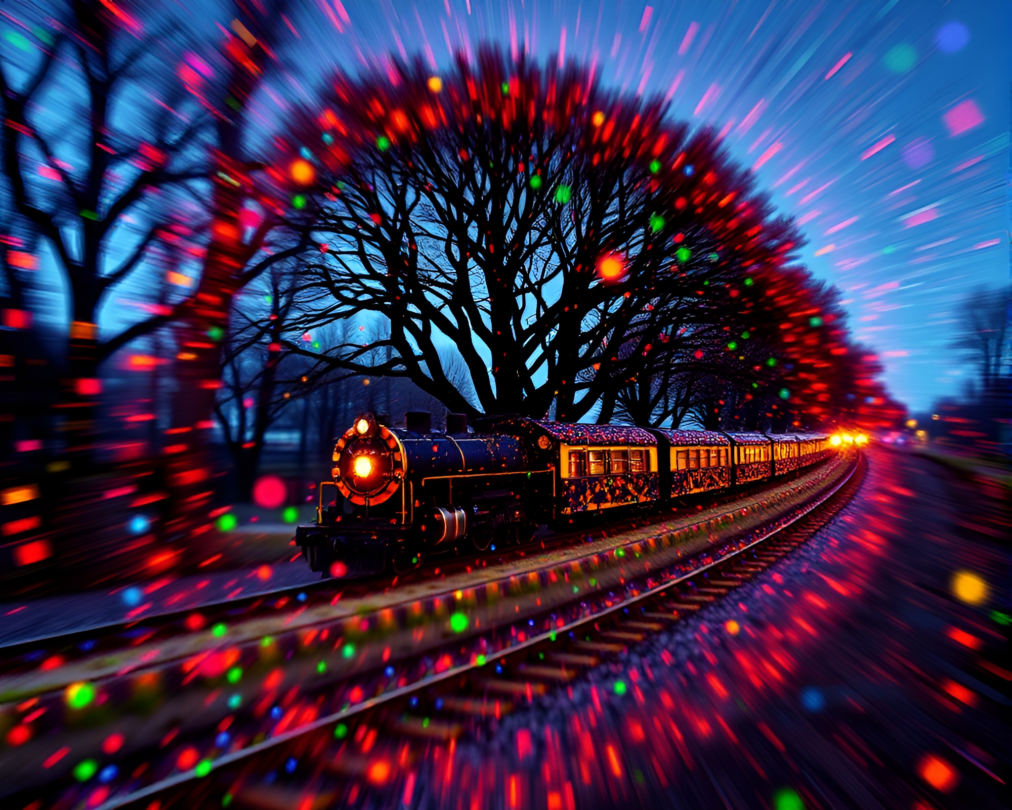 Train Passing Through Vibrant Glitch Tree Rings – free AI stock image