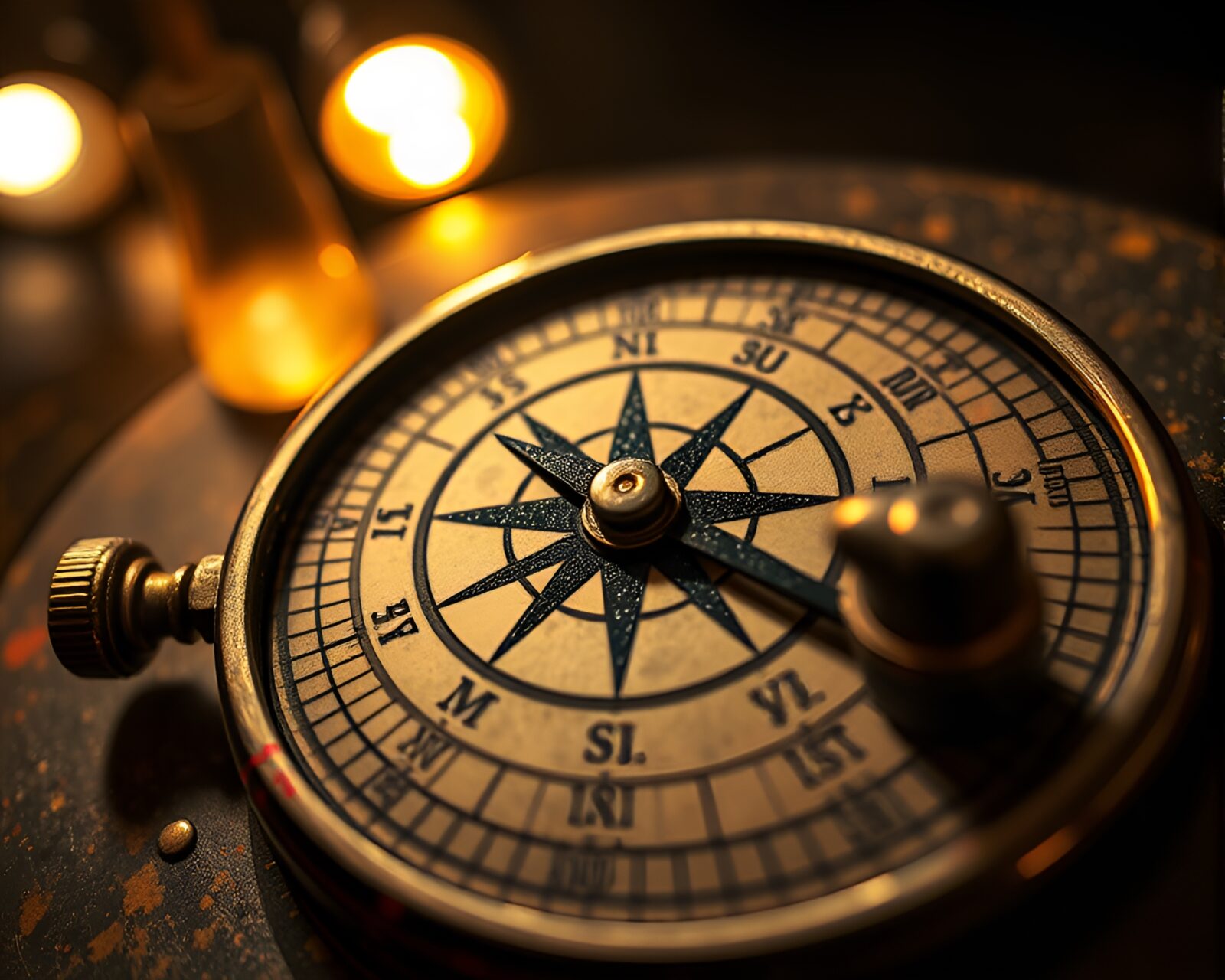 Intricate antique compass under vibrant stage lights and splatter art