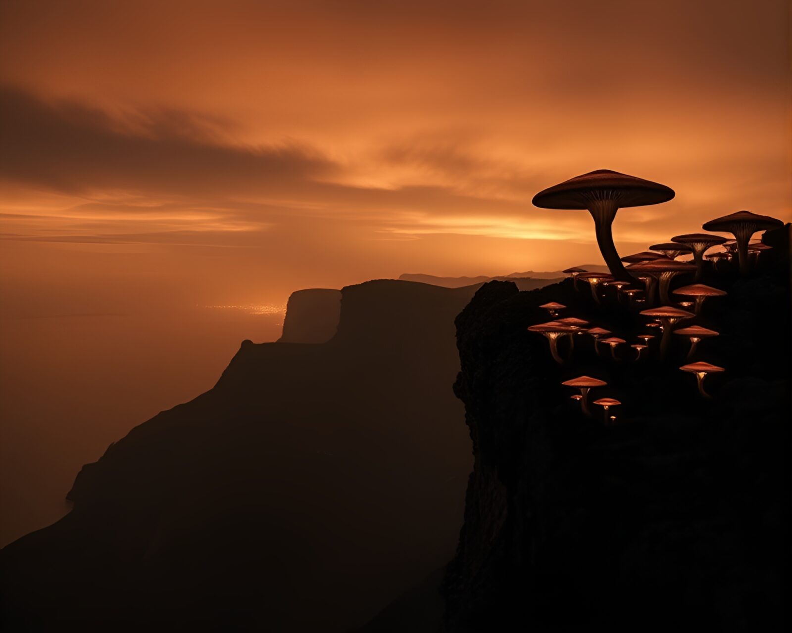 Mysterious mushrooms glowing in the shadows on cliff edge