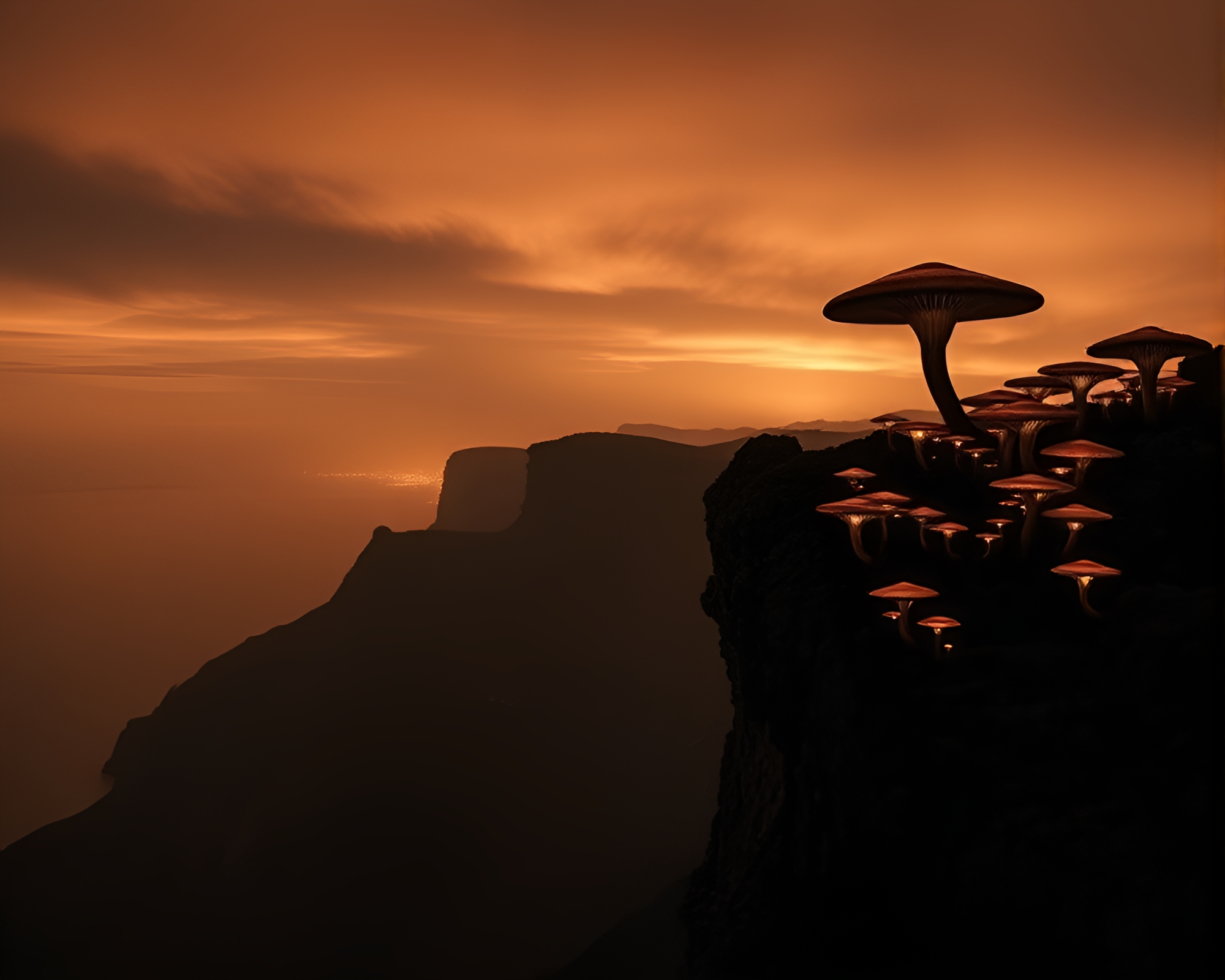 Bioluminescent Fungi on Sepia Cliffside Panorama – free AI stock image