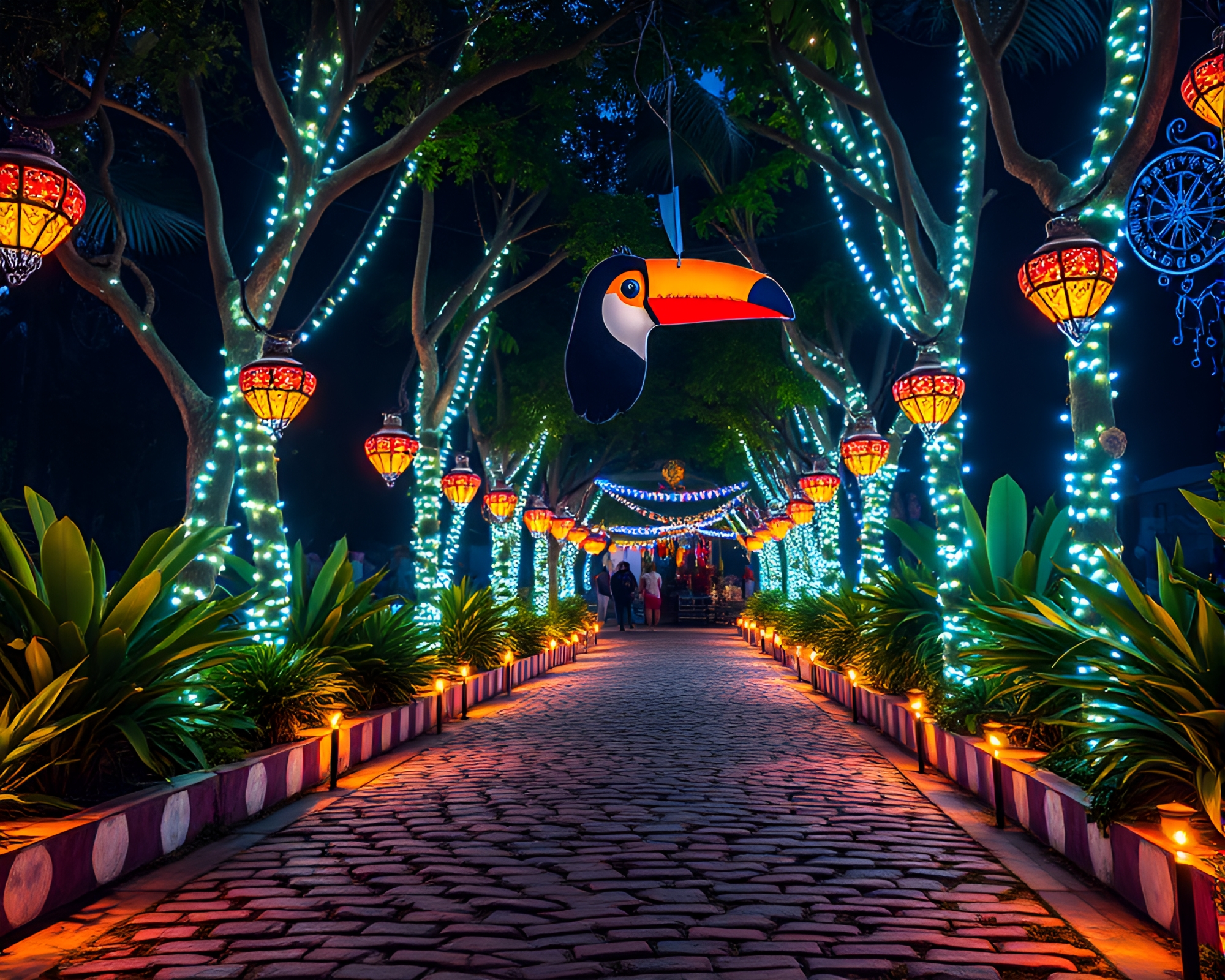 Maximalist Toucan Parade under Carnival Lights – free AI stock image