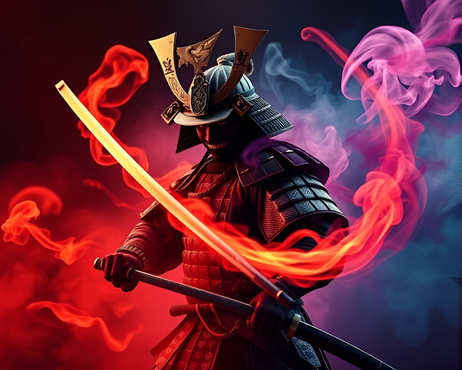 Colorful smoke rings swirling around a fierce samurai warrior