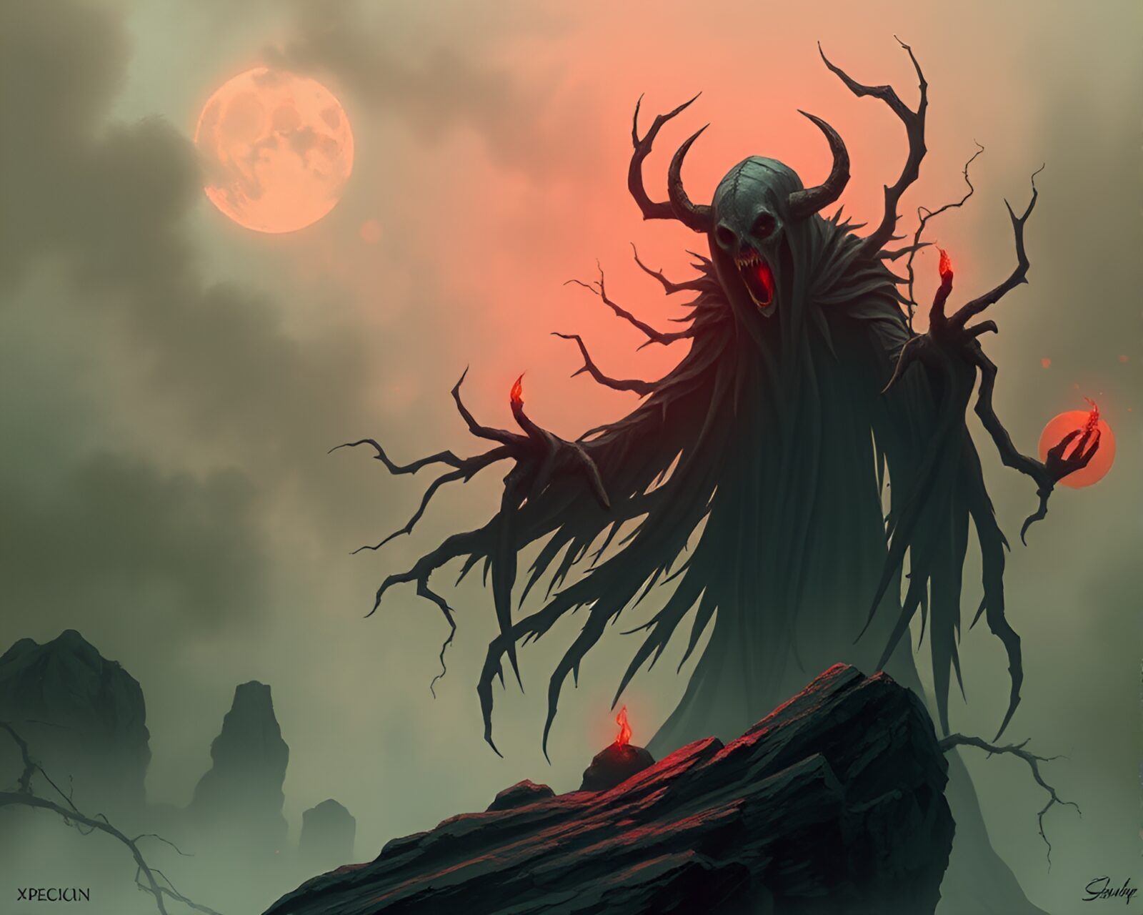 An eerie futuristic banshee in a foggy necromantic setting.