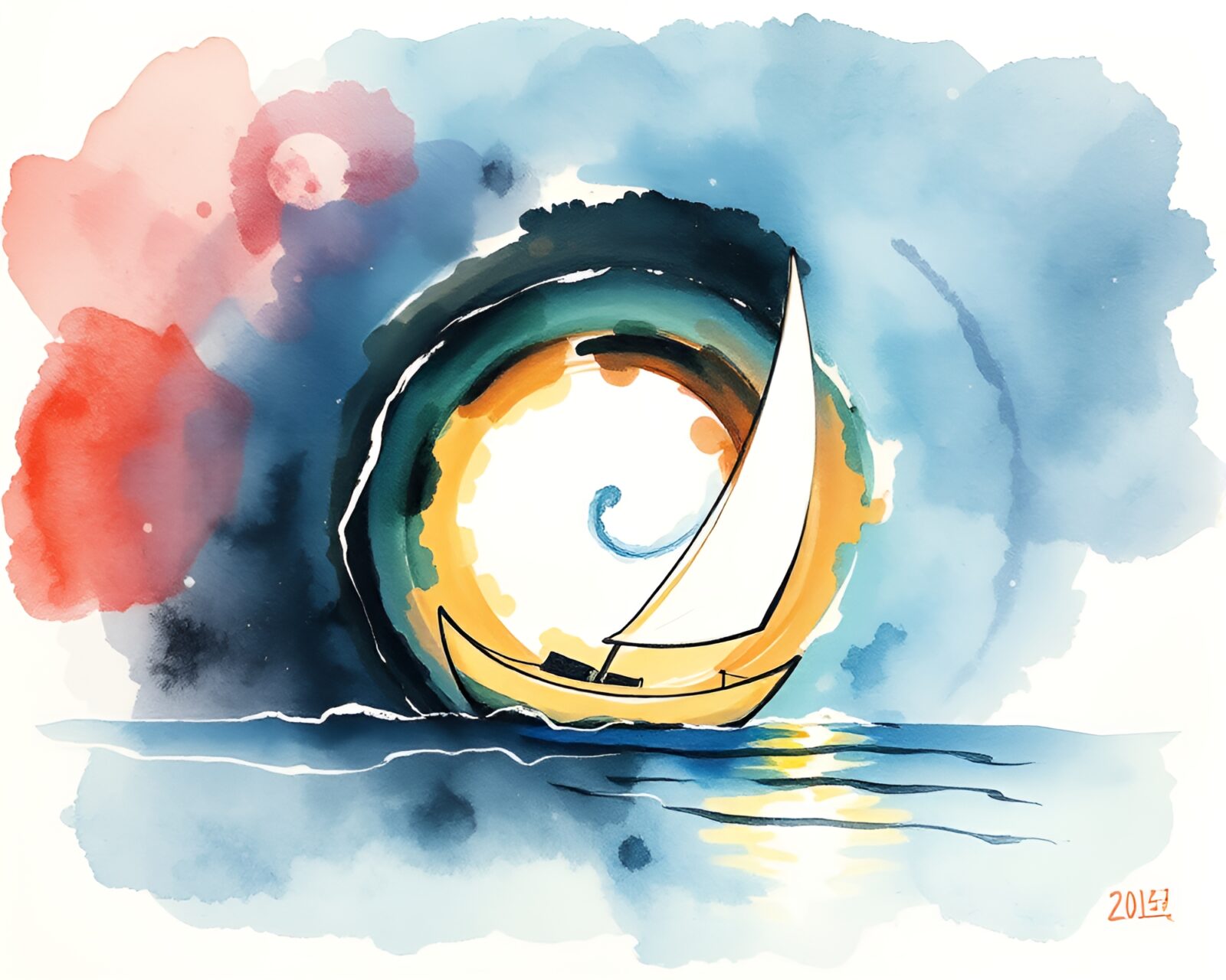 Sumi-e style sailboat on swirling spiral ocean