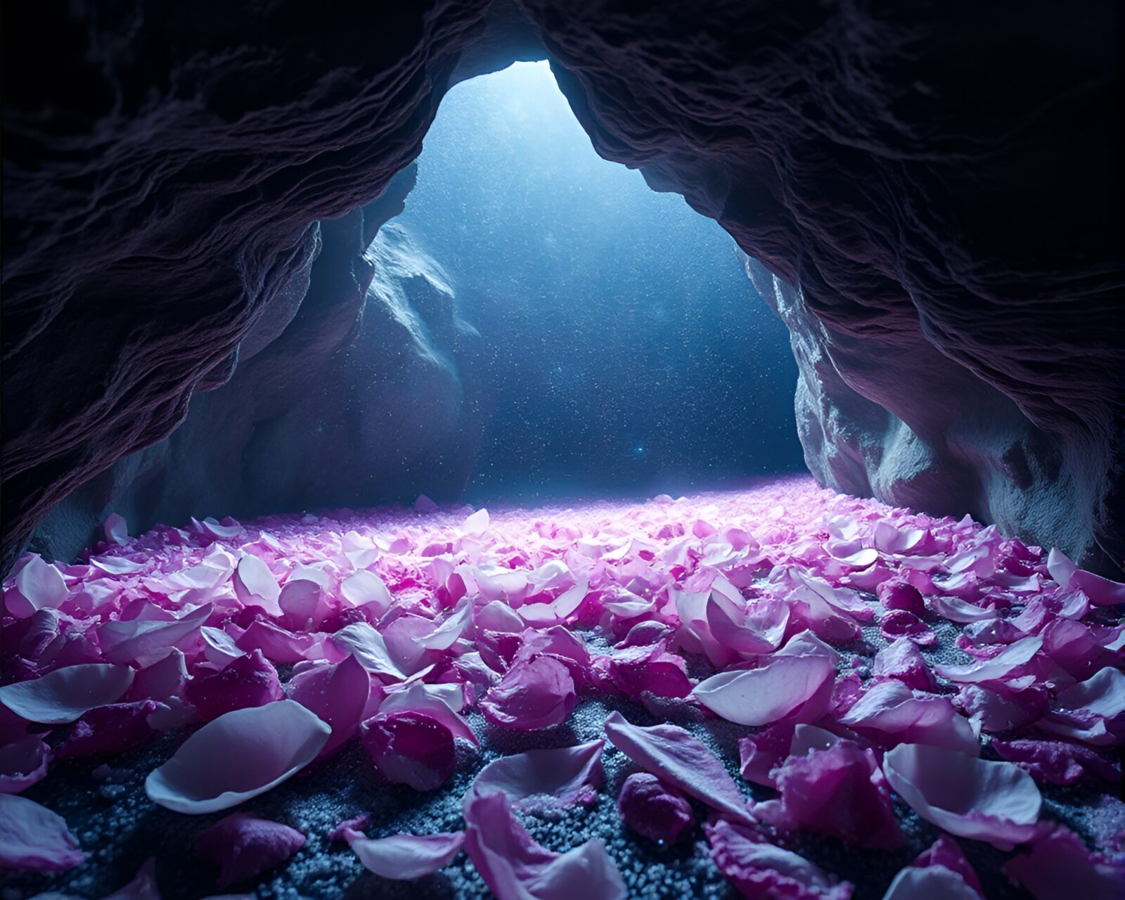 Lithographic illustration of flower petals glowing in icy cavern