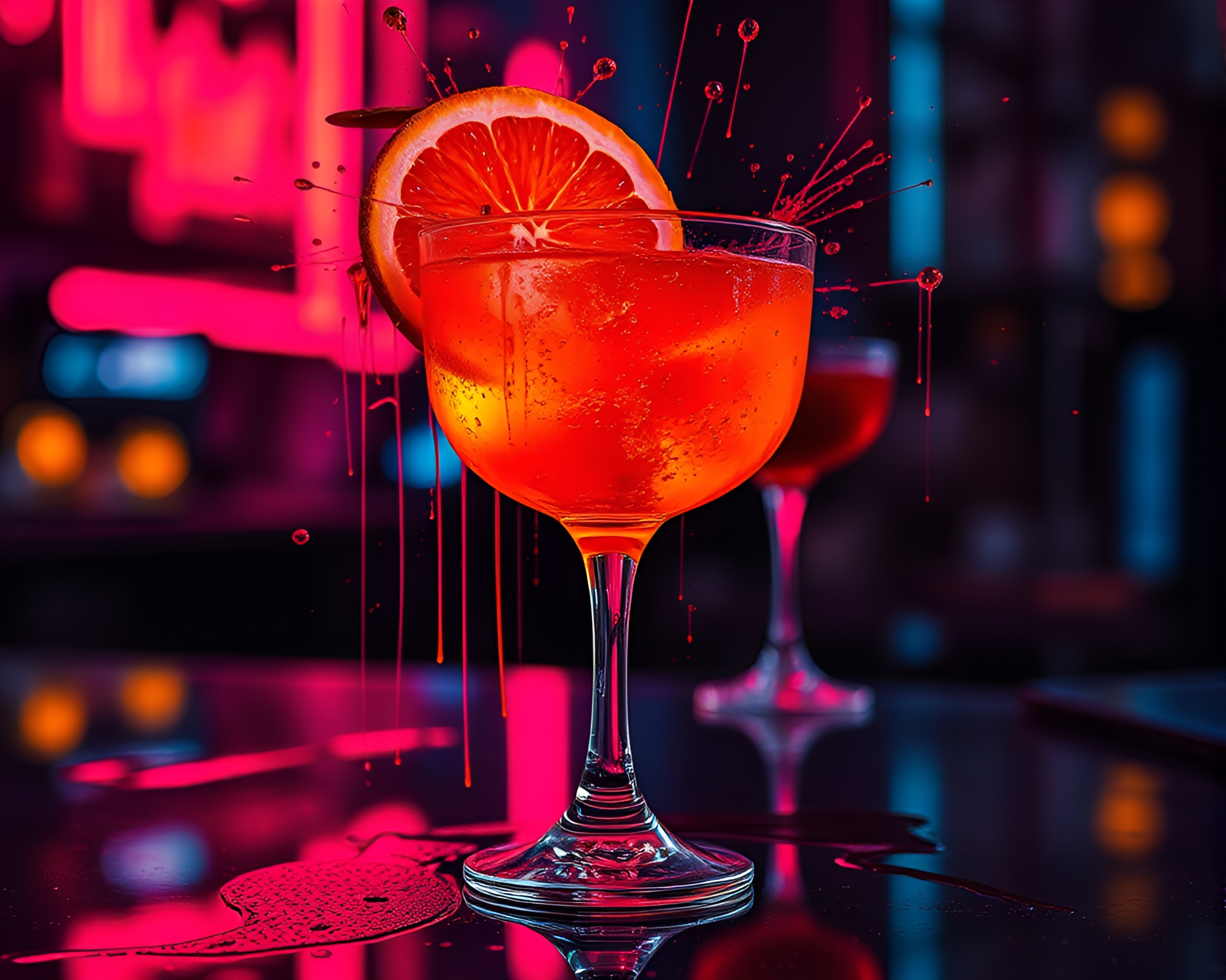 Neon Blood Orange Cocktail Splatter Art – free AI stock image