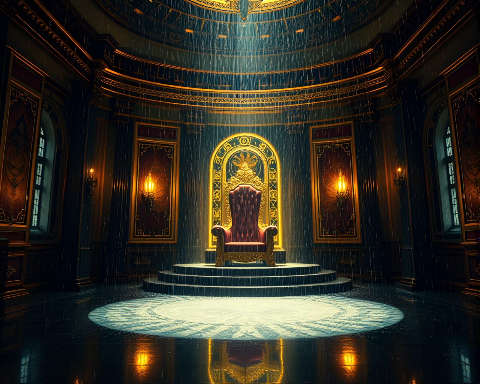 Elegant throne room with rain droplets on telescope, calligraphy