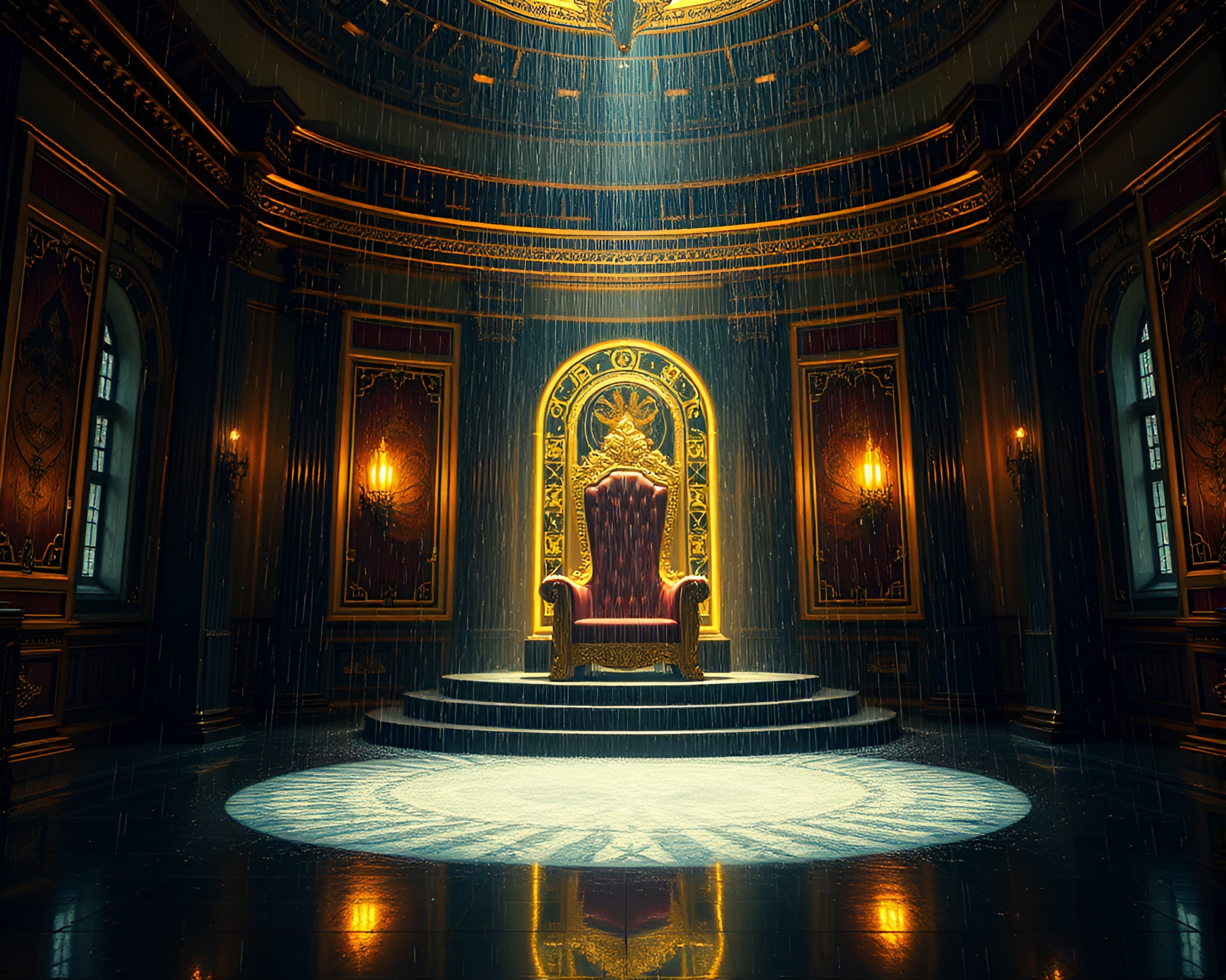 Telescope Rain Droplets in Throne Room Glow Calligraphy – free AI stock image