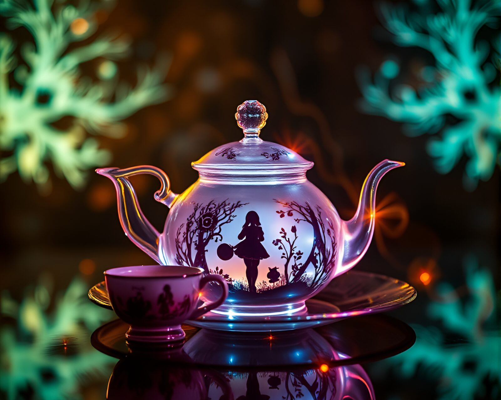 Double exposure photo of fiber optic tea set in dreamy glow