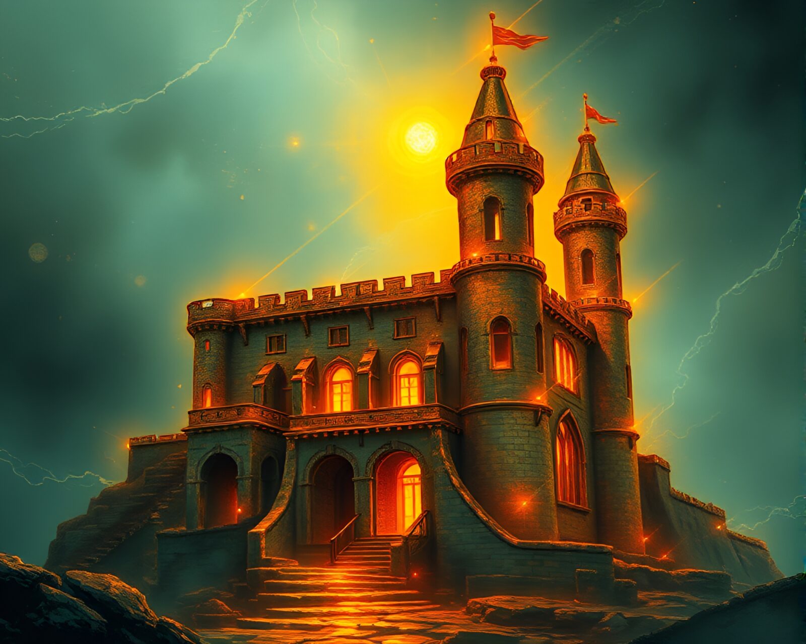 Technical illustration of a castle in solar flare glow