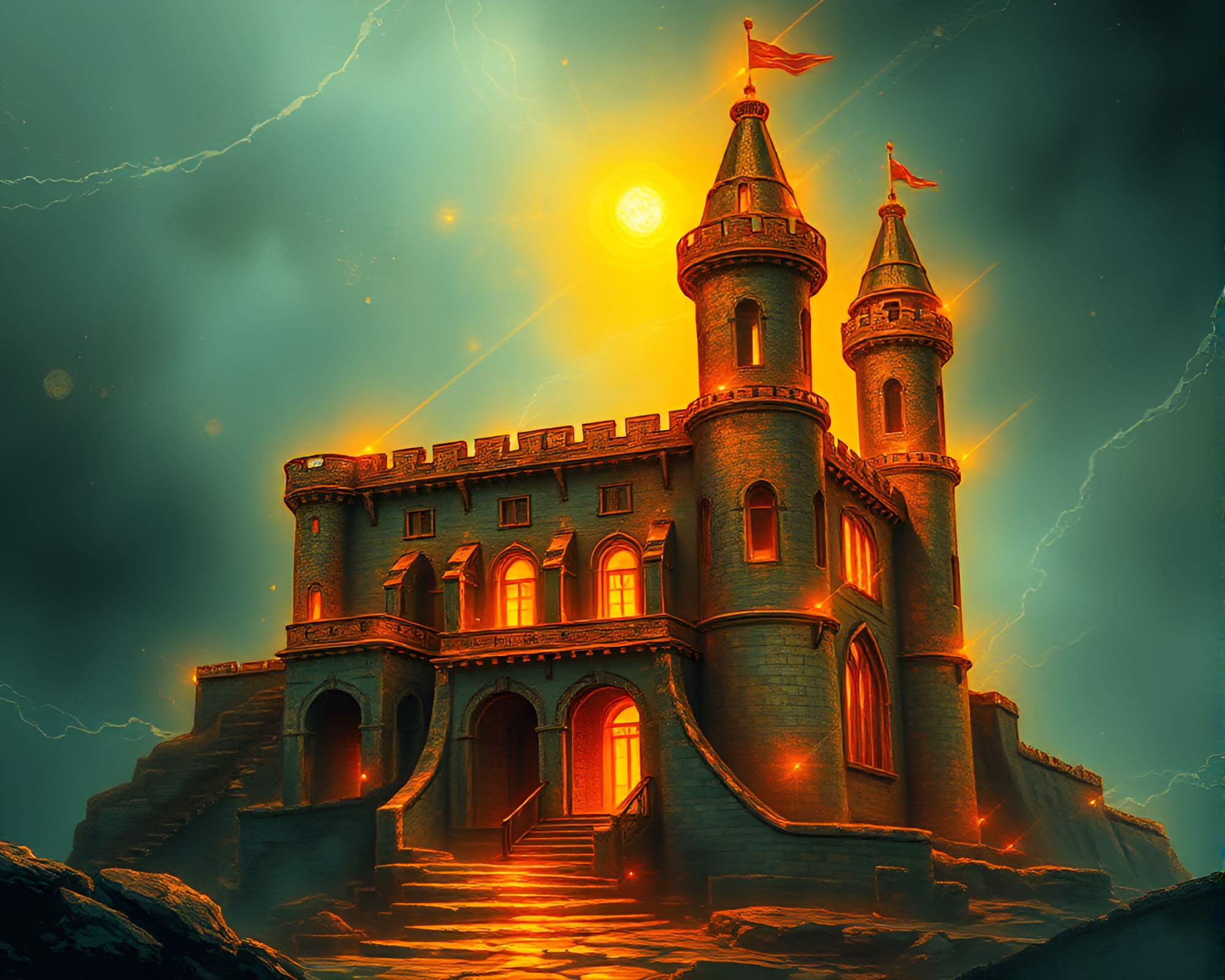 Copper Verdigris Castle Illuminated by Solar Flare Glow – free AI stock image