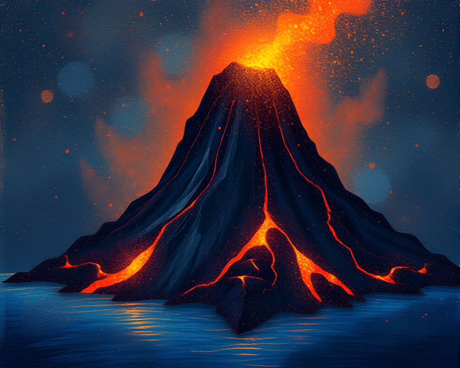 Fantasy illustration of volcanic island surrounded by glittering dust