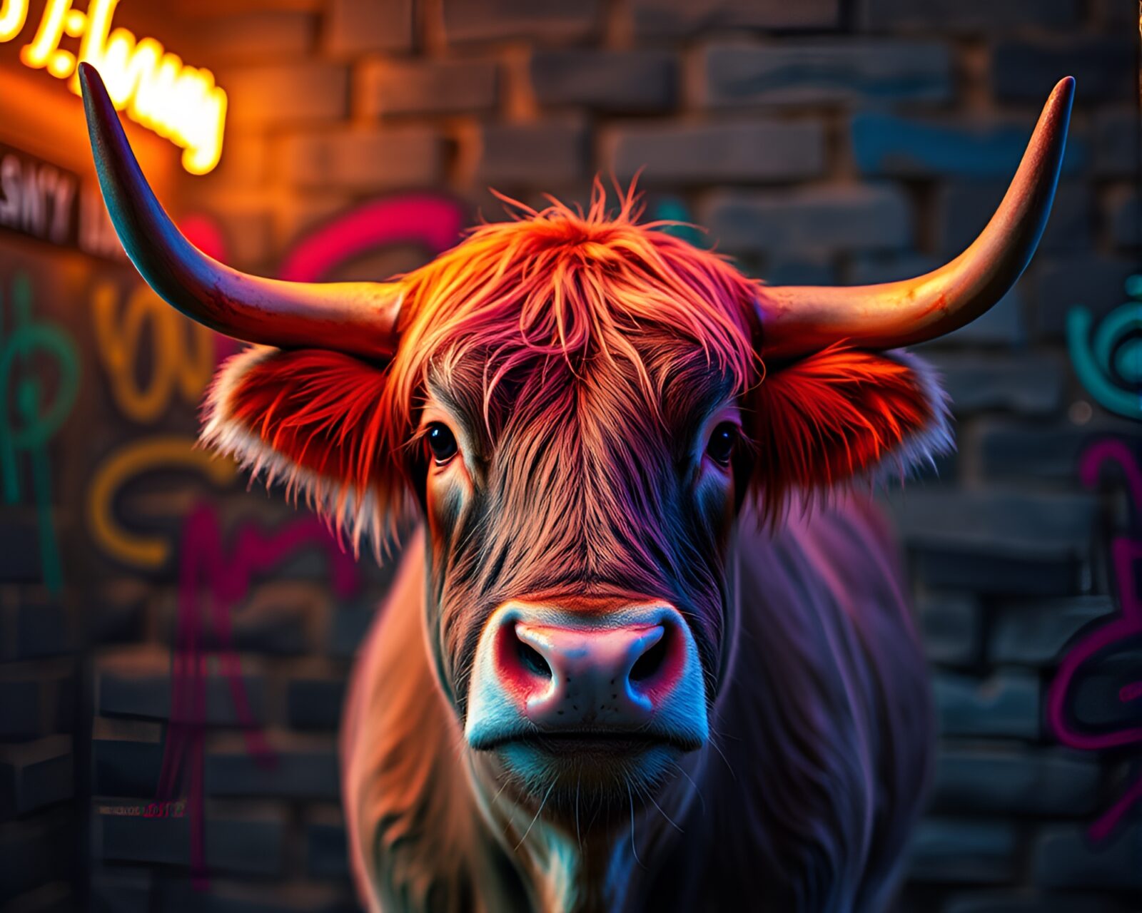 Highland cow in neon graffiti cinemagraph composition