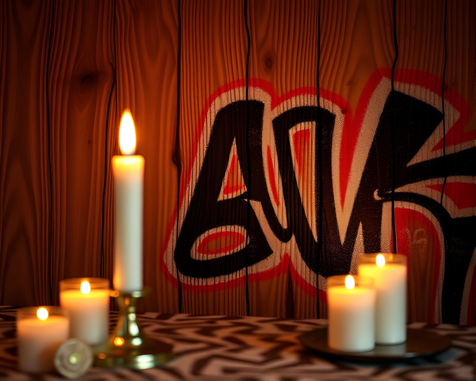 Abstract zebra pattern in colorful graffiti under candlelight