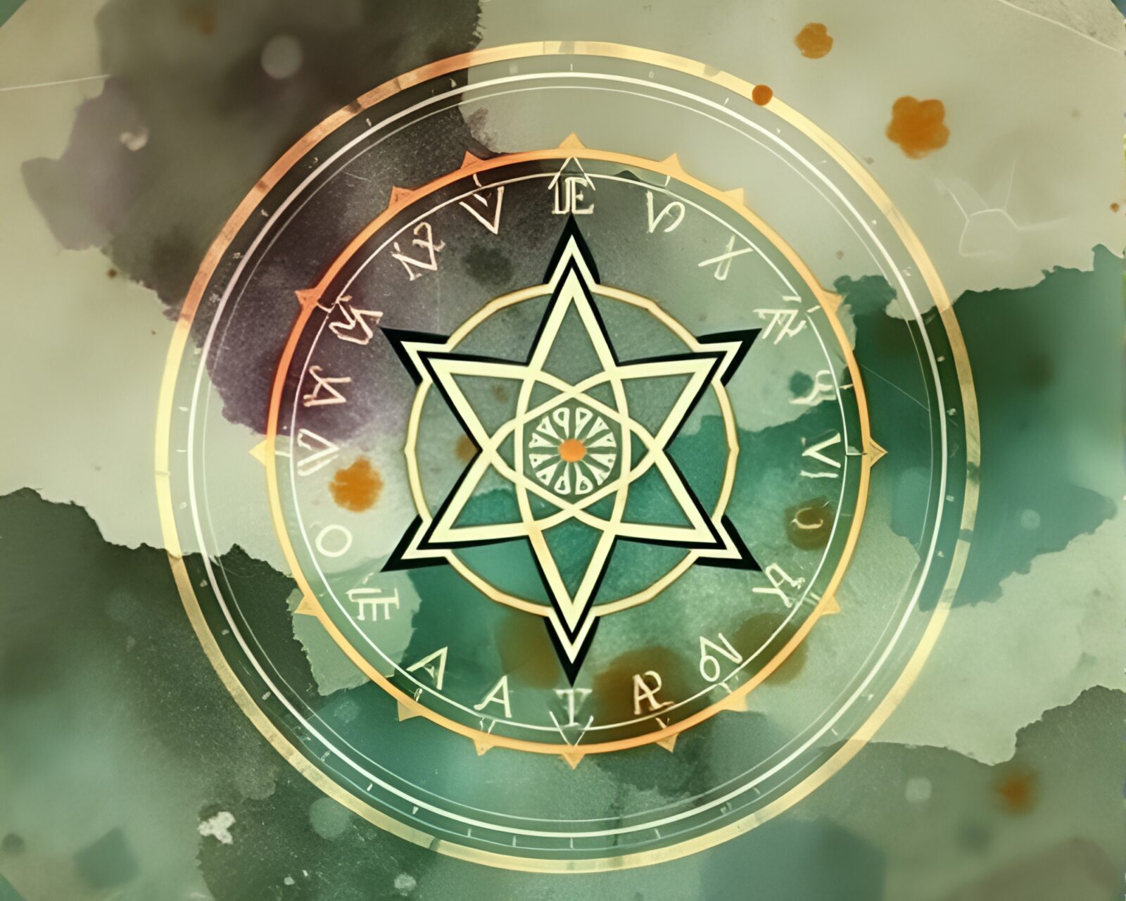 Illustrated alchemical symbols in layered botanical composition