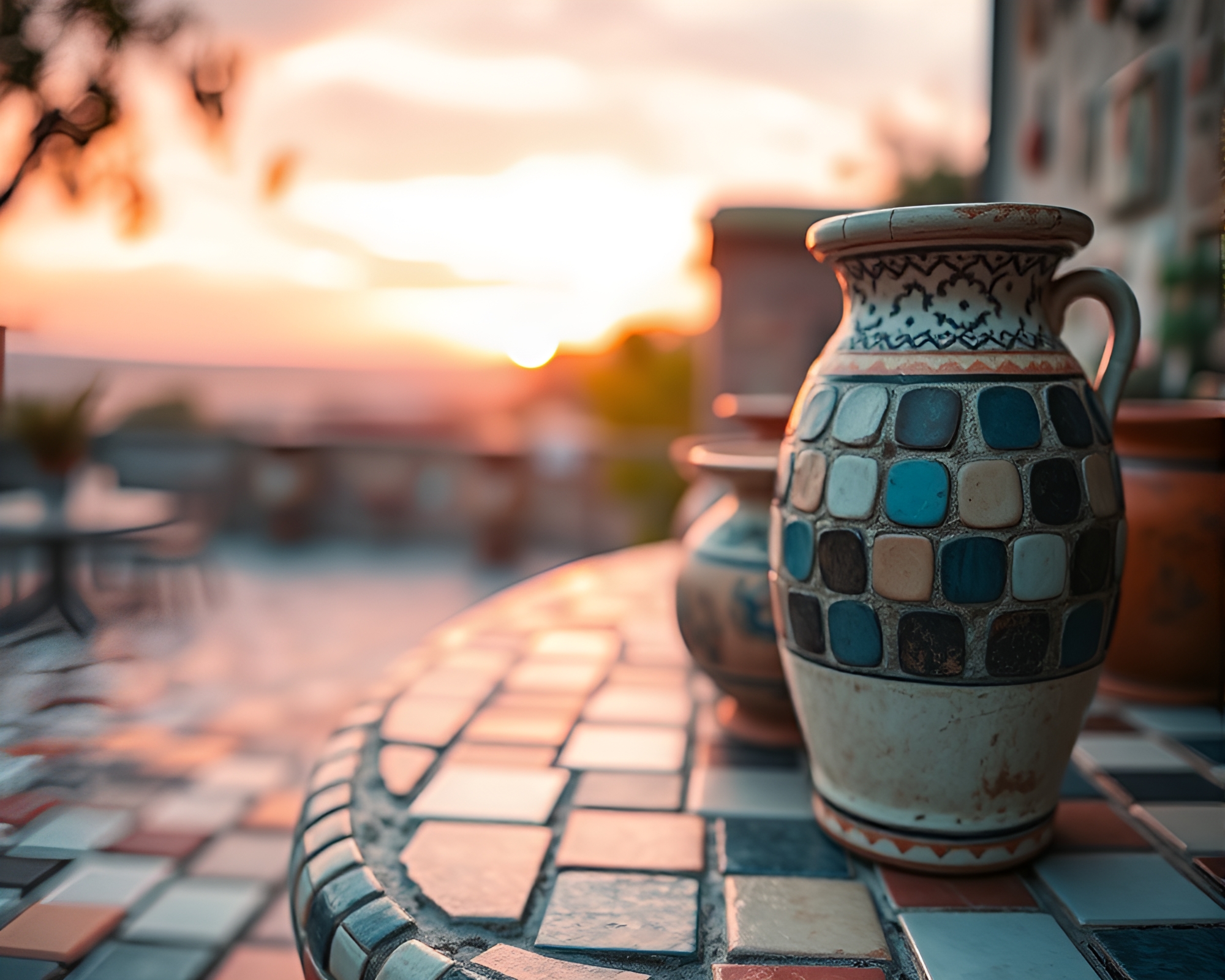 Sunrise-Pink Glowing Rustic Pottery Mosaic Motion Blur – free AI stock image