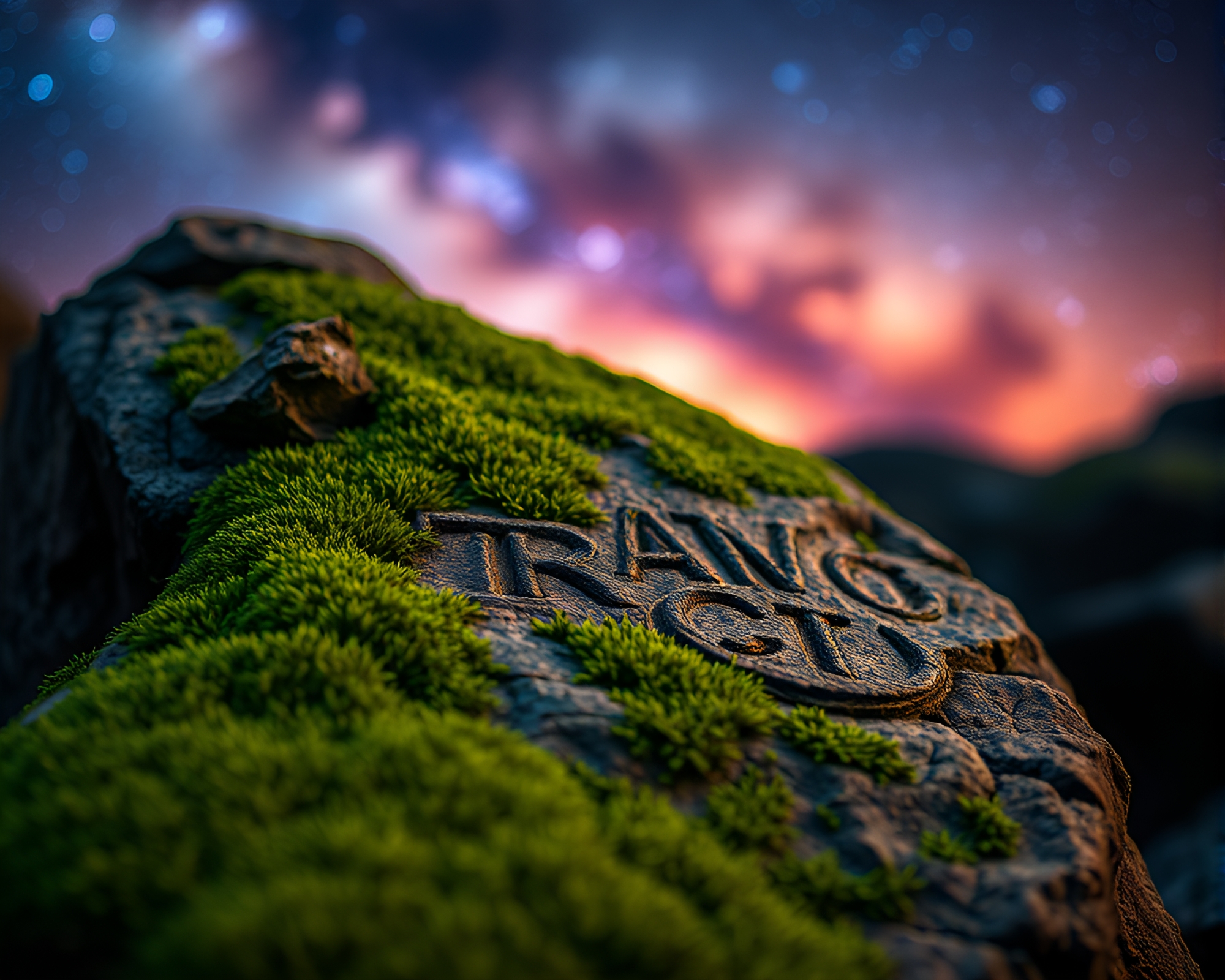 Moss-Covered Rock with Galaxy-Inspired Engravings – free AI stock image