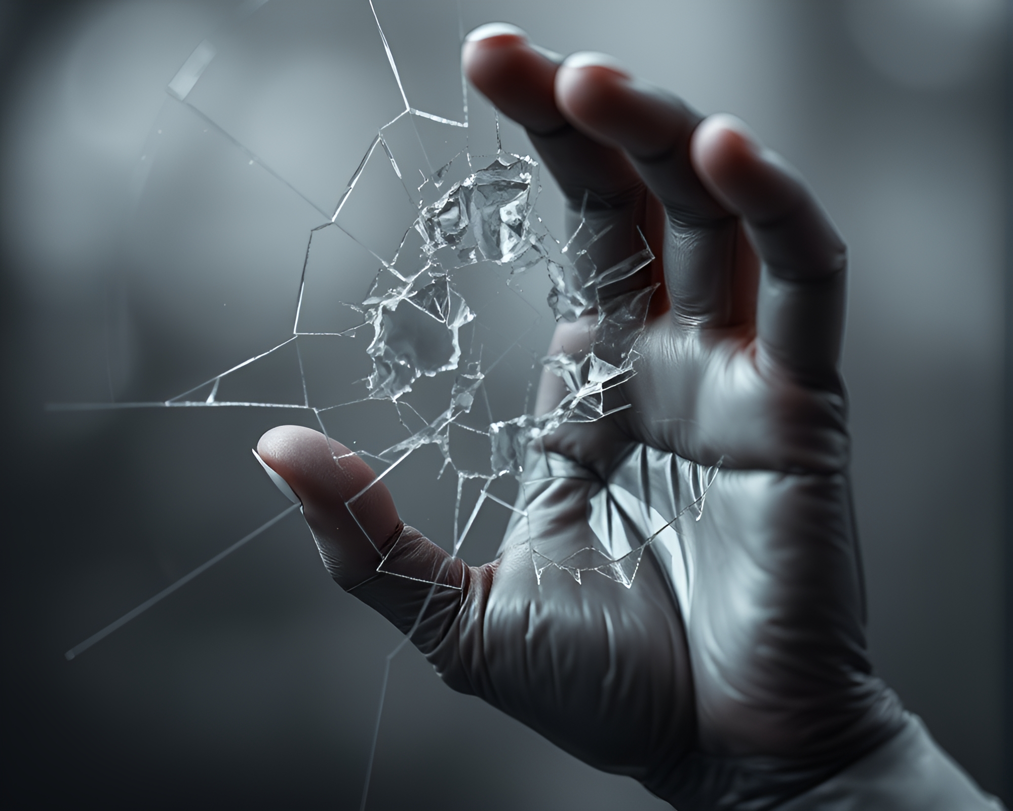 Ethereal Cybernetic Hand in Broken Glass Reflection – free AI stock image