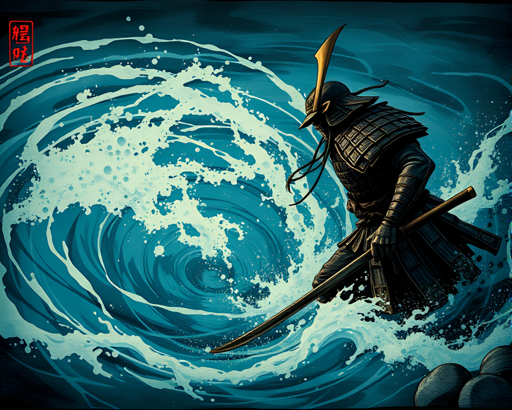 Samurai Warrior Entering Steampunk Water Whirlpool – free AI stock image