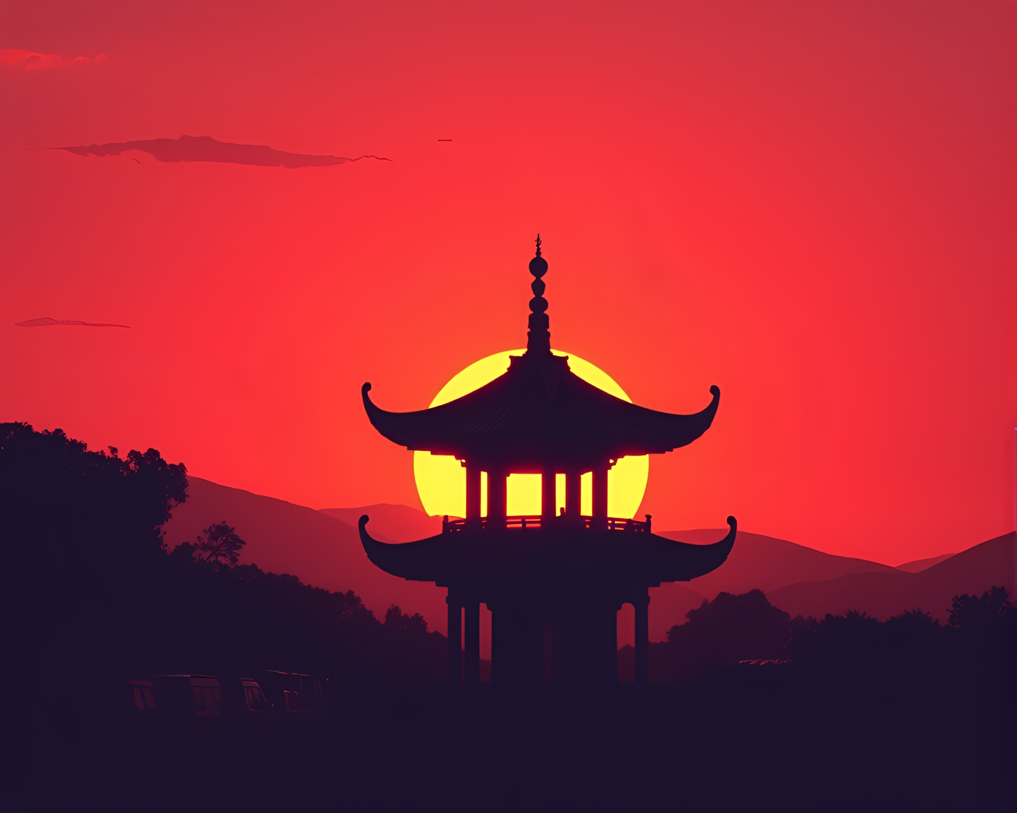 Serene Pagoda Silhouette at Sunset with Shadows – free AI stock image