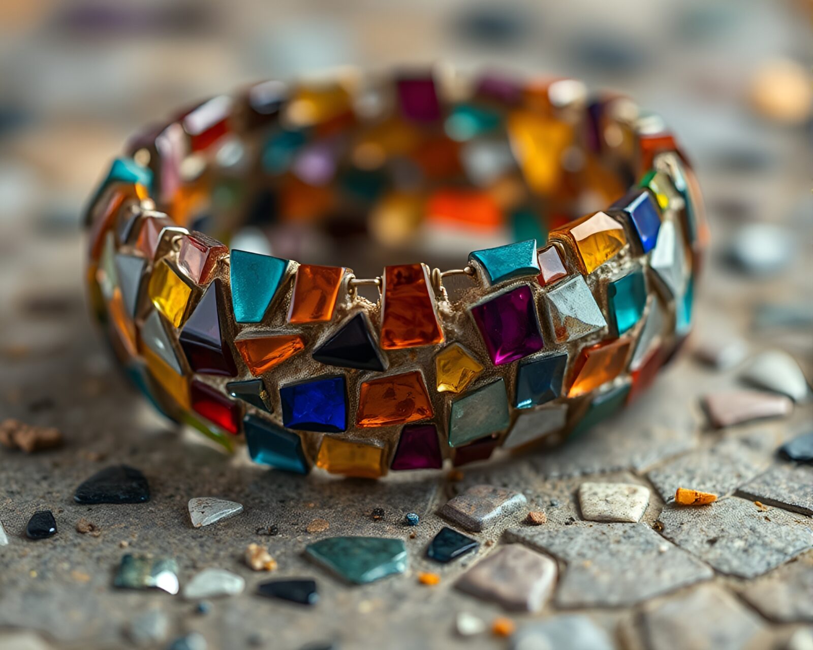 Jewel-toned bracelet pieces scattered like a broken mosaic