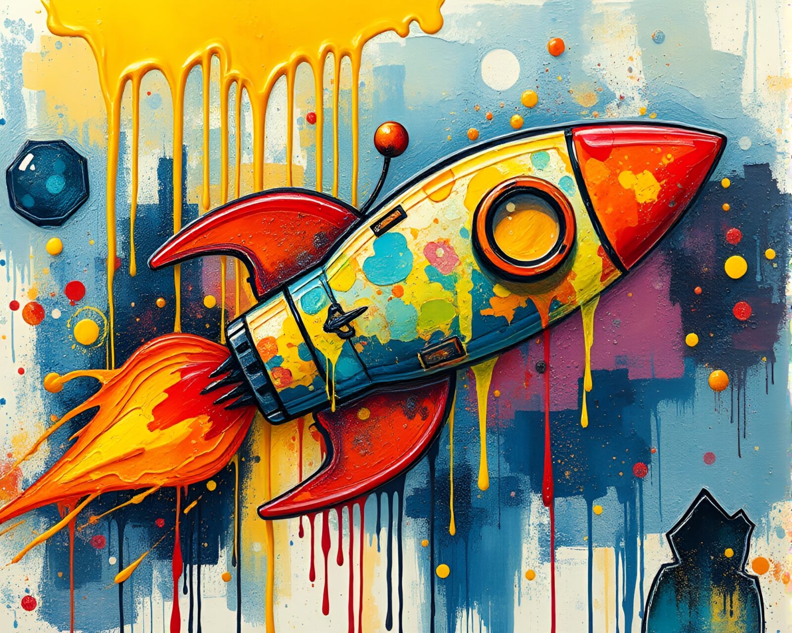 Colorful abstract rocket composition with dripping paint in bright topaz light