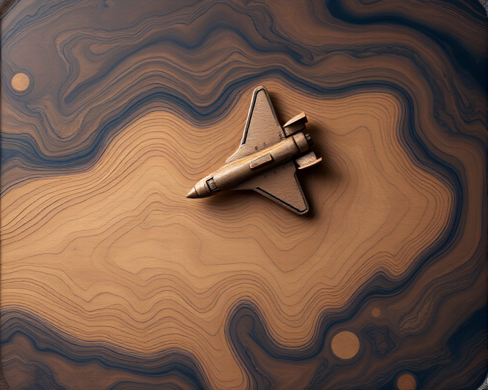 Fluid indigo-hued space shuttle floating amidst intricate wood grains
