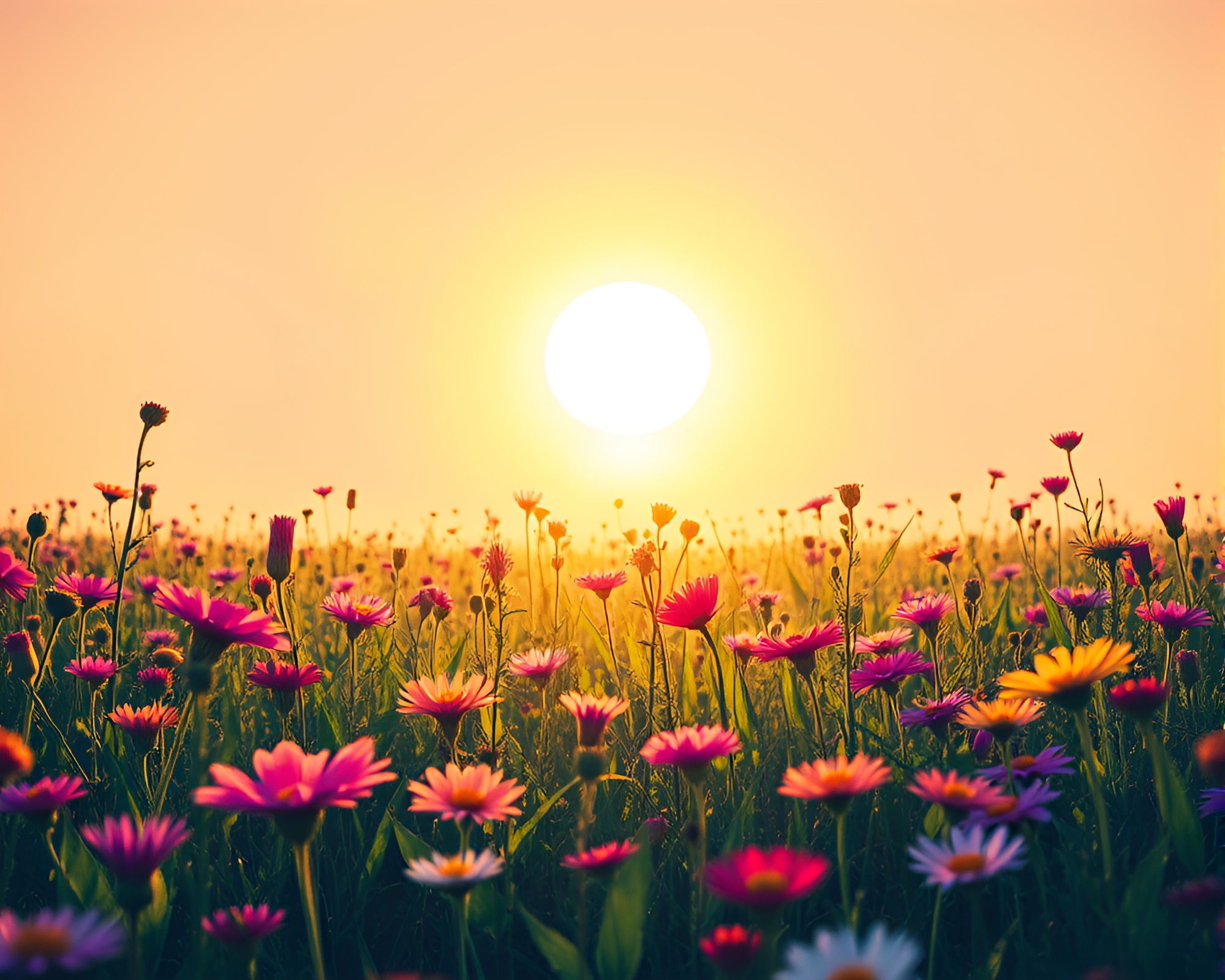 Neon Flower Field in Engraved Lens Sunburst Glow – free AI stock image