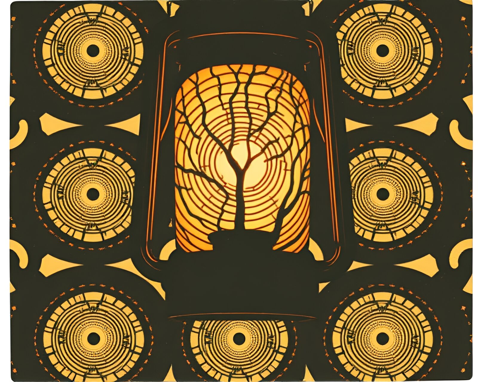 A minimalist oil lantern casting shadows on tree ring patterns.