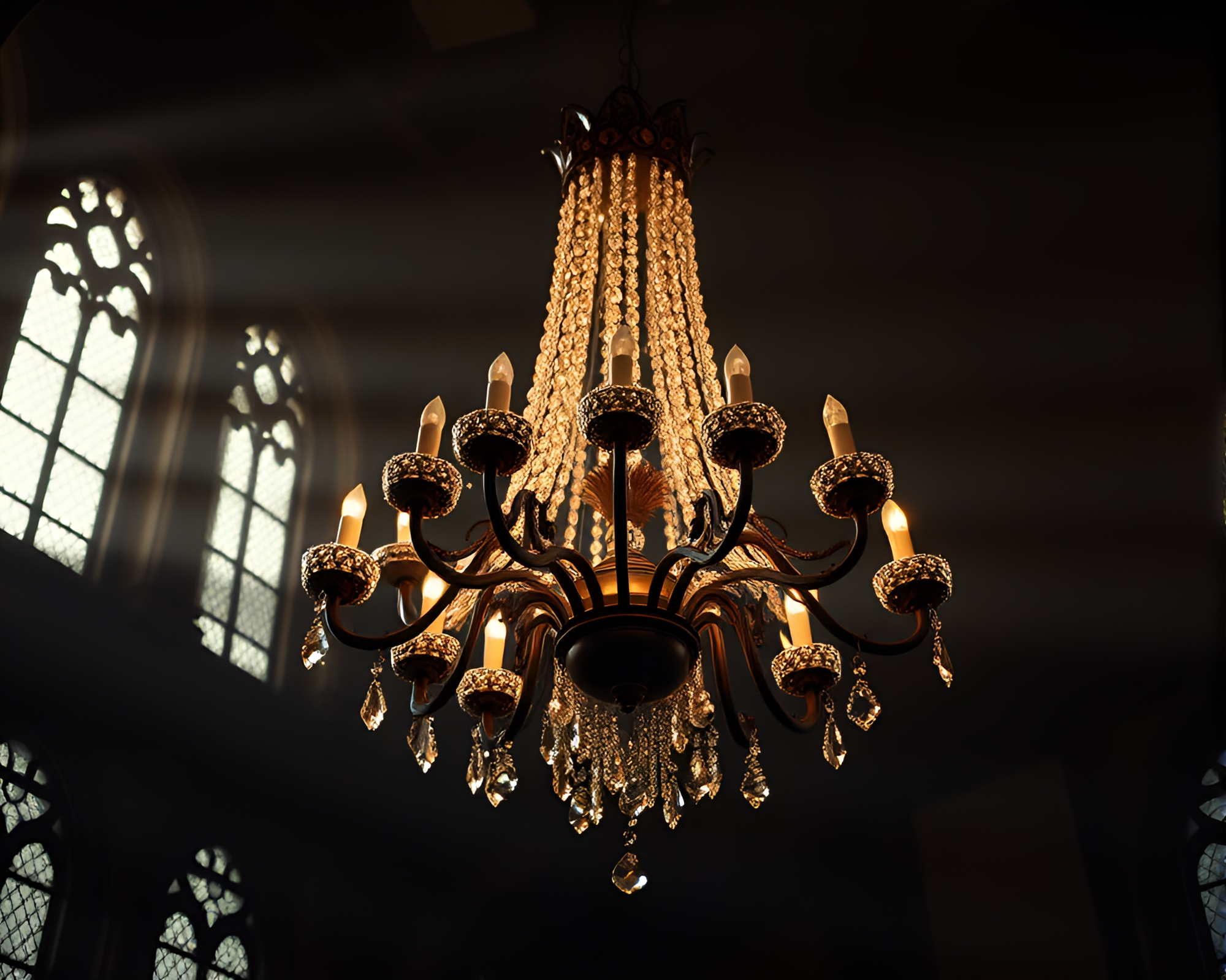Gothic Chandelier Illuminated in Cool Dawn Light – free AI stock image