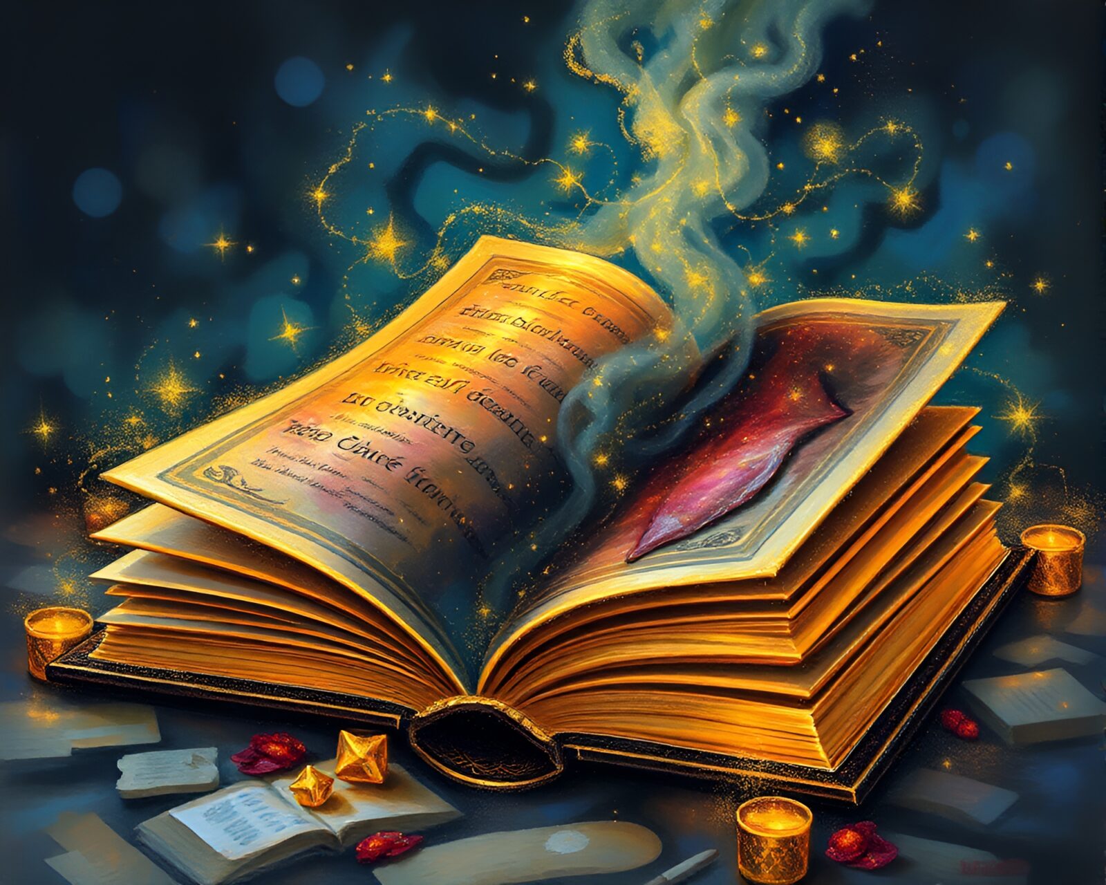 Enchanting book glowing with gilt touches in gouache painting