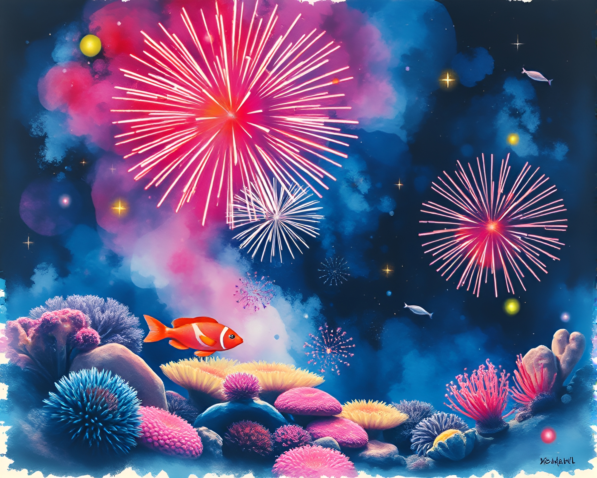 Neon Reef Fireworks: Pastel Bursting Ink Wash Extravaganza – free AI stock image