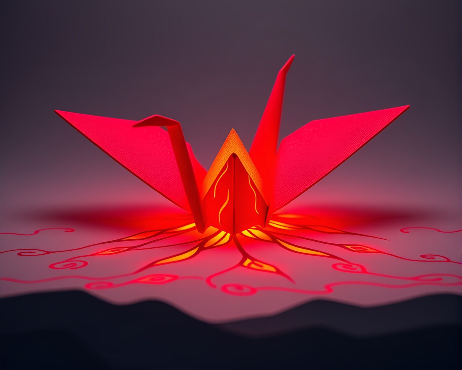 Red glowing origami crane surrounded by swirling calligraphy