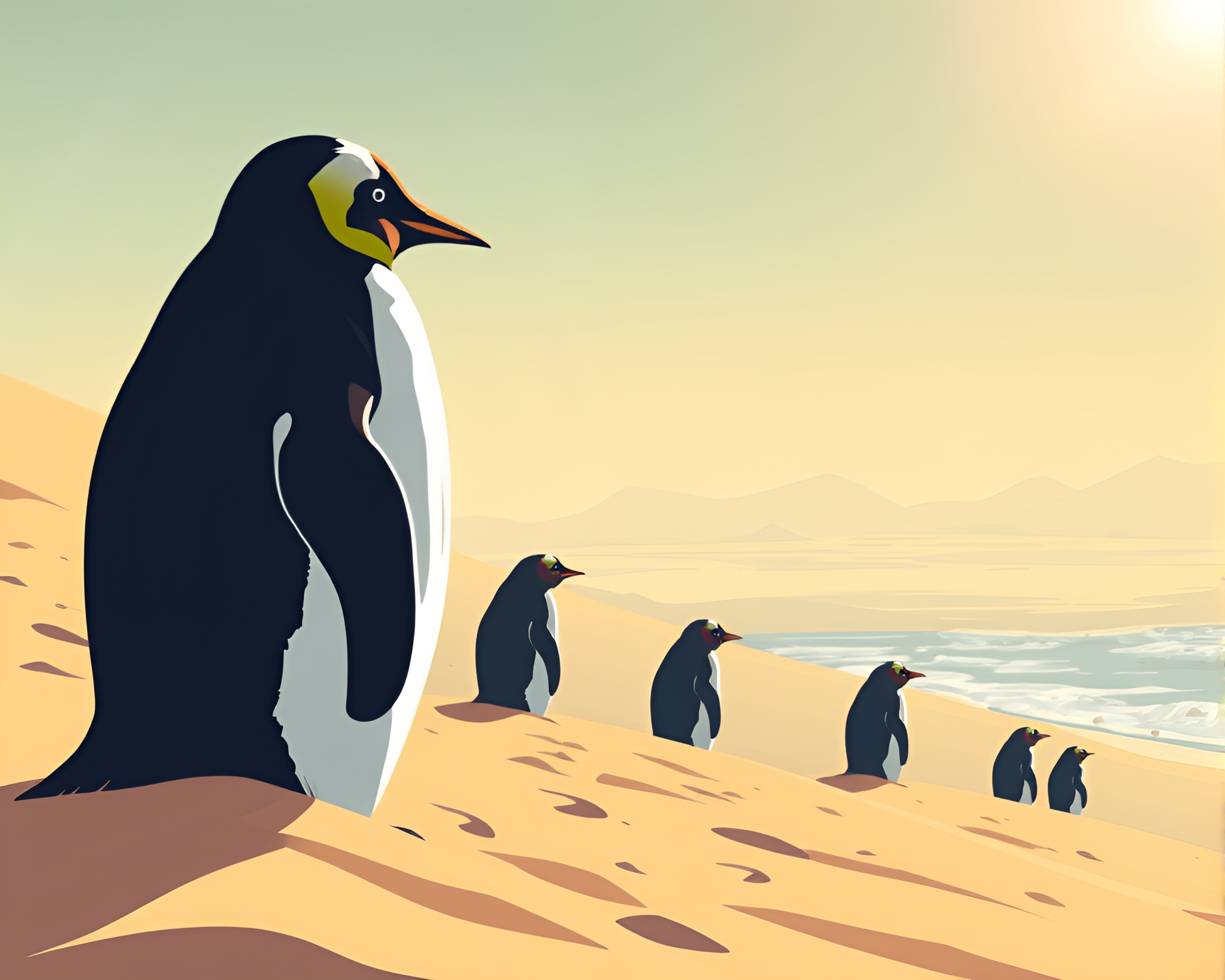 Cel-Shaded Penguin Flaring in Desert Sands – free AI stock image