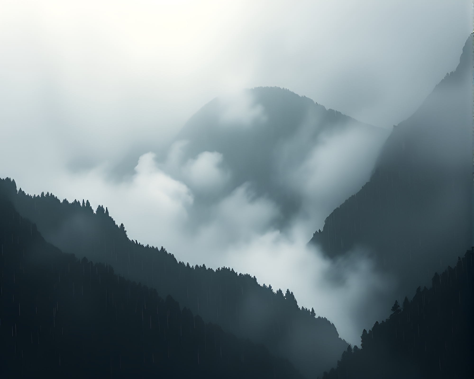 Mist-shrouded Mountain in Sumi-e Rain Droplets – free AI stock image