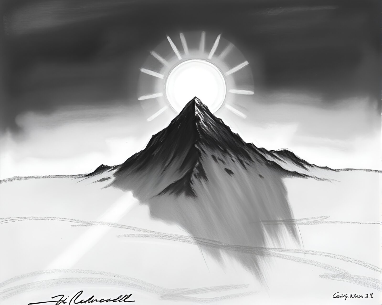 Charcoal sketch of a golden crown glistening under polar twilight sun glares