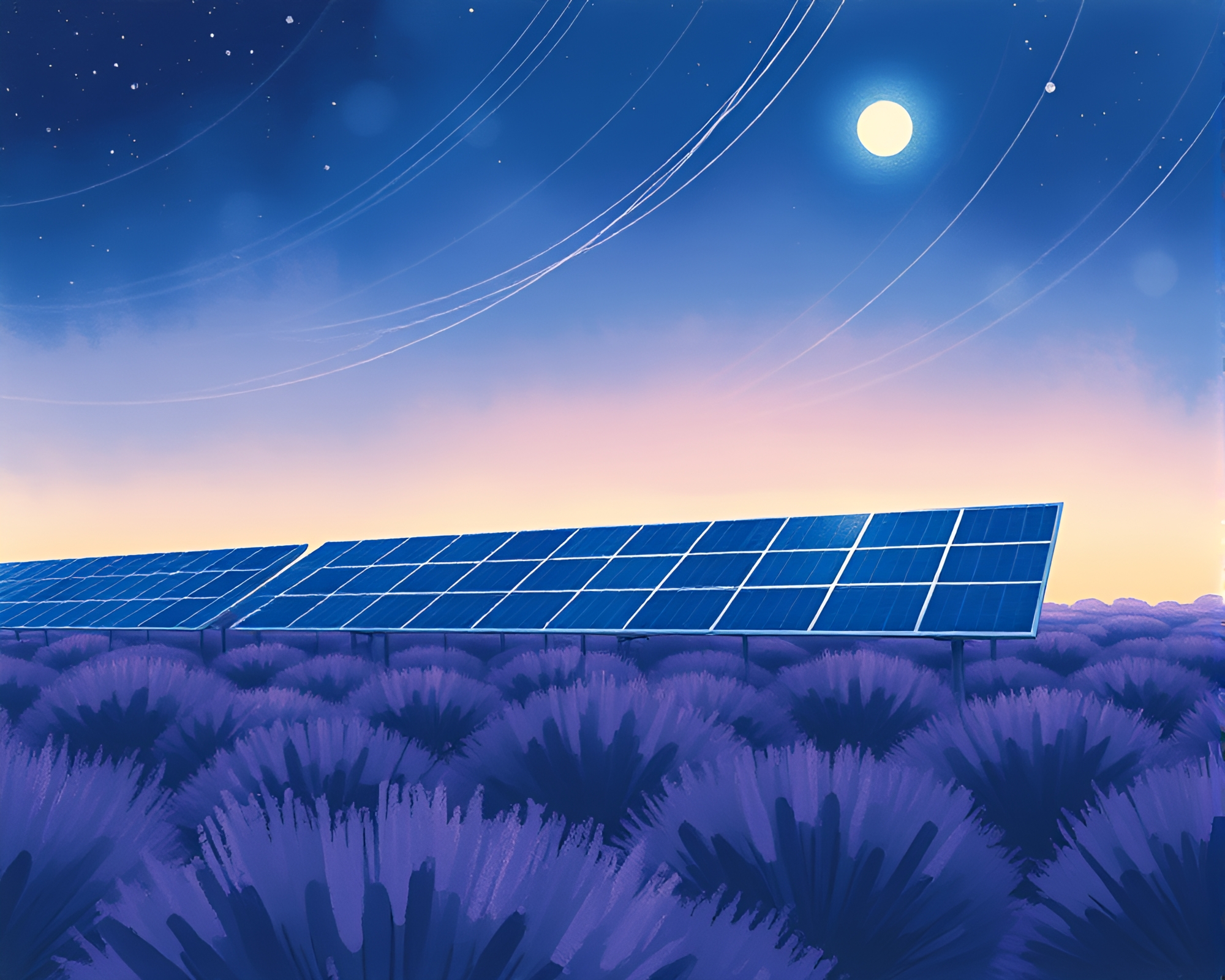 Twilight Solar Panel Array With Sumi-e Brushwork – free AI stock image