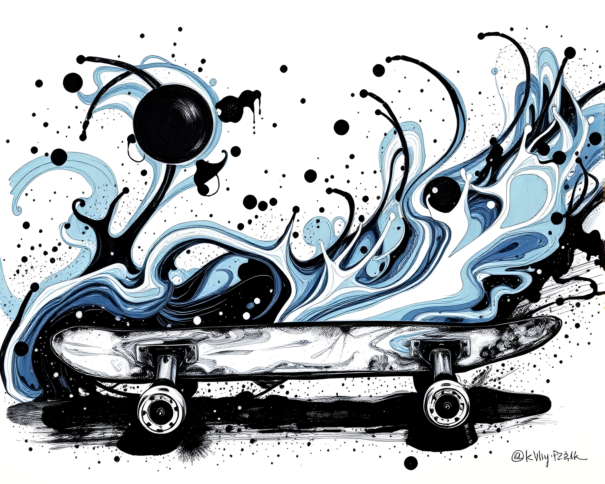 Skateboarder in Milky Way Pointillism Ink Splash – free AI stock image