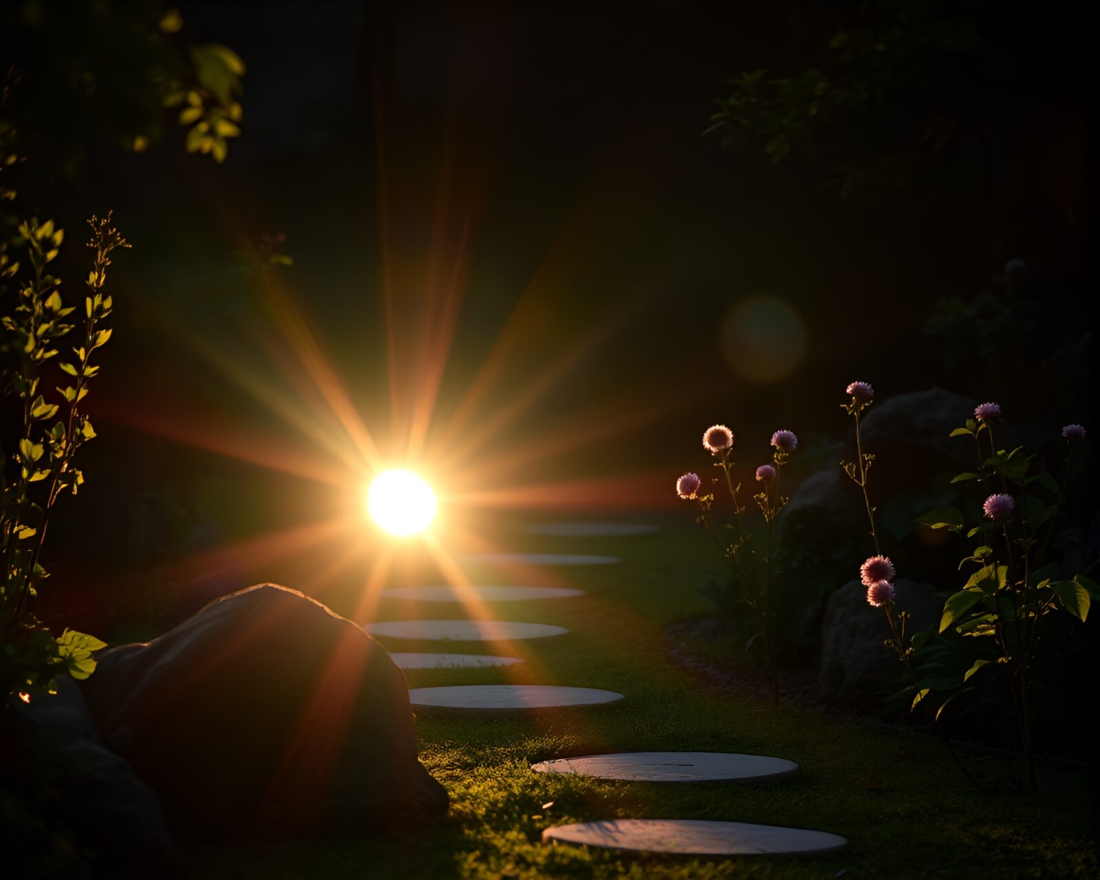 Tranquil Zen garden with softbox lighting and lens flare