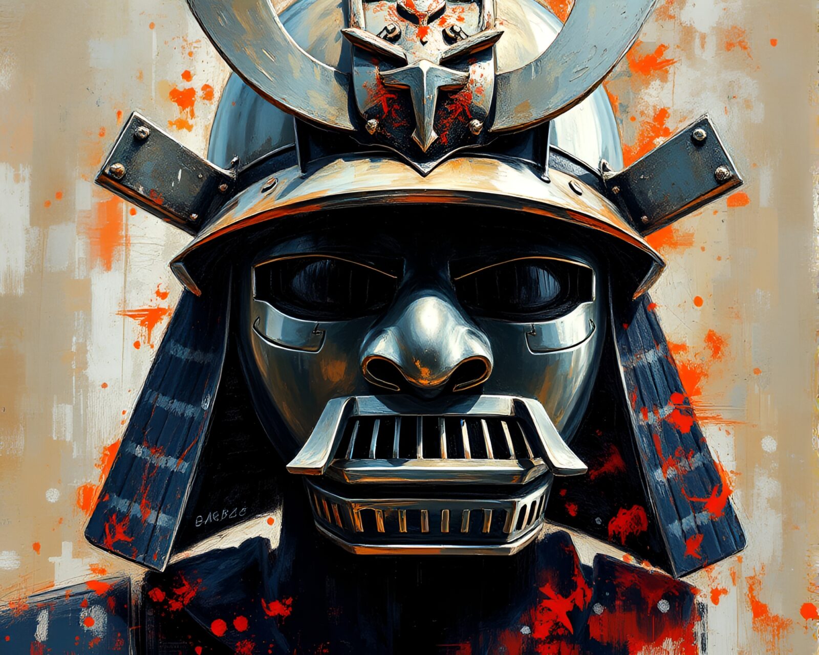 Expressive painting of samurai helmet reflected in chrome with oil-like textures