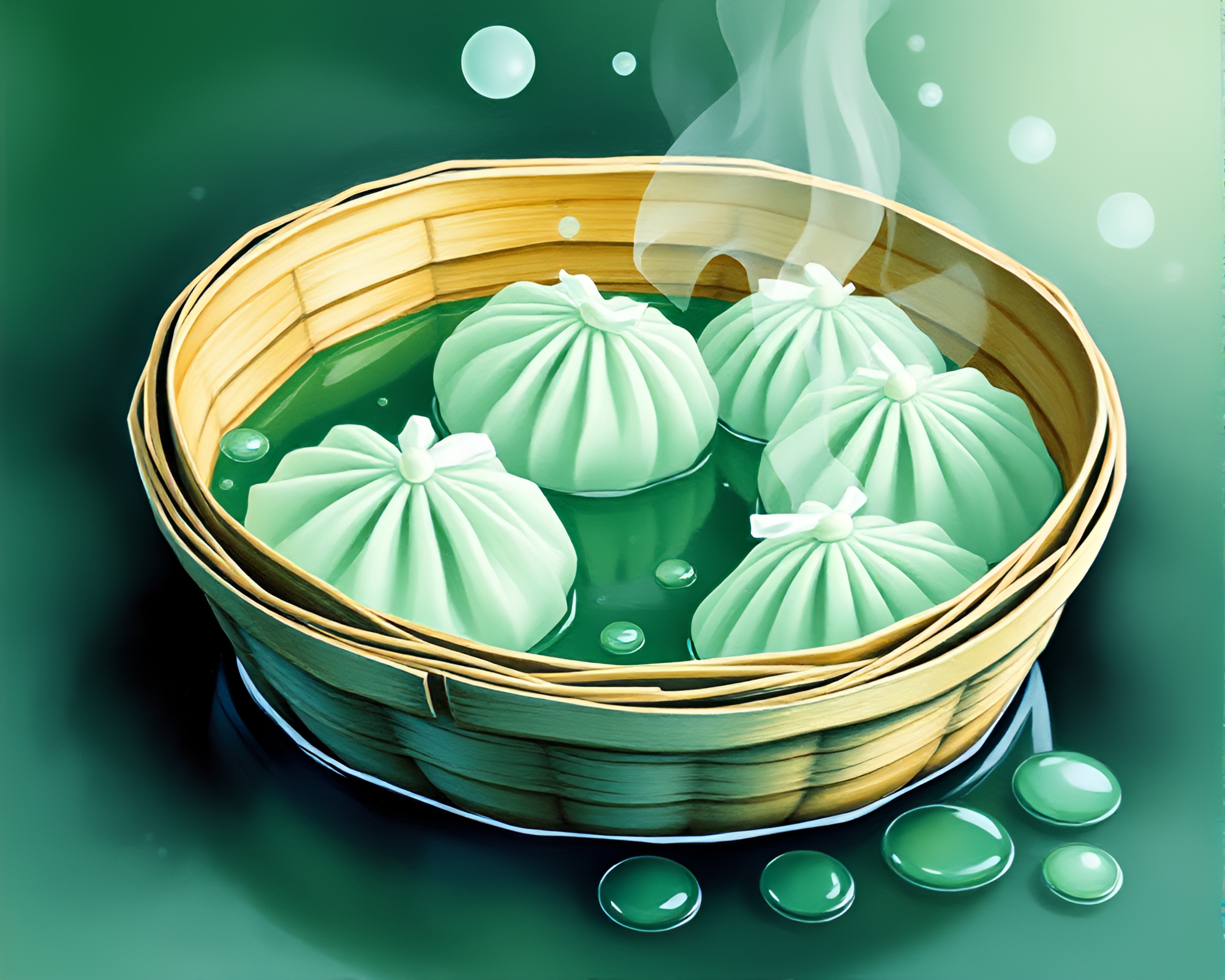 Dim Sum Basket with Water Droplets in Mint Green Tempera Painting – free AI stock image