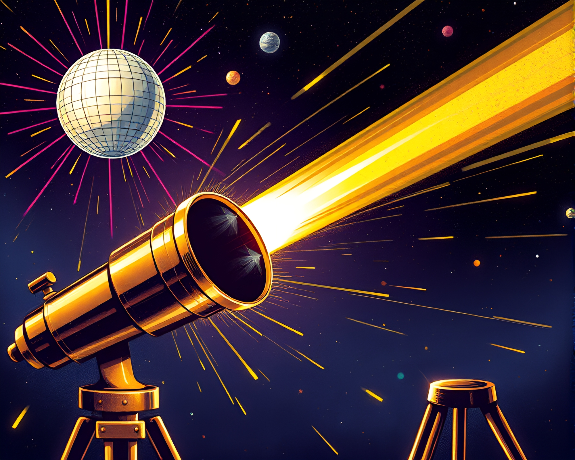 Cyberpunk Brass Telescope Disco Ball Zoom Burst – free AI stock image