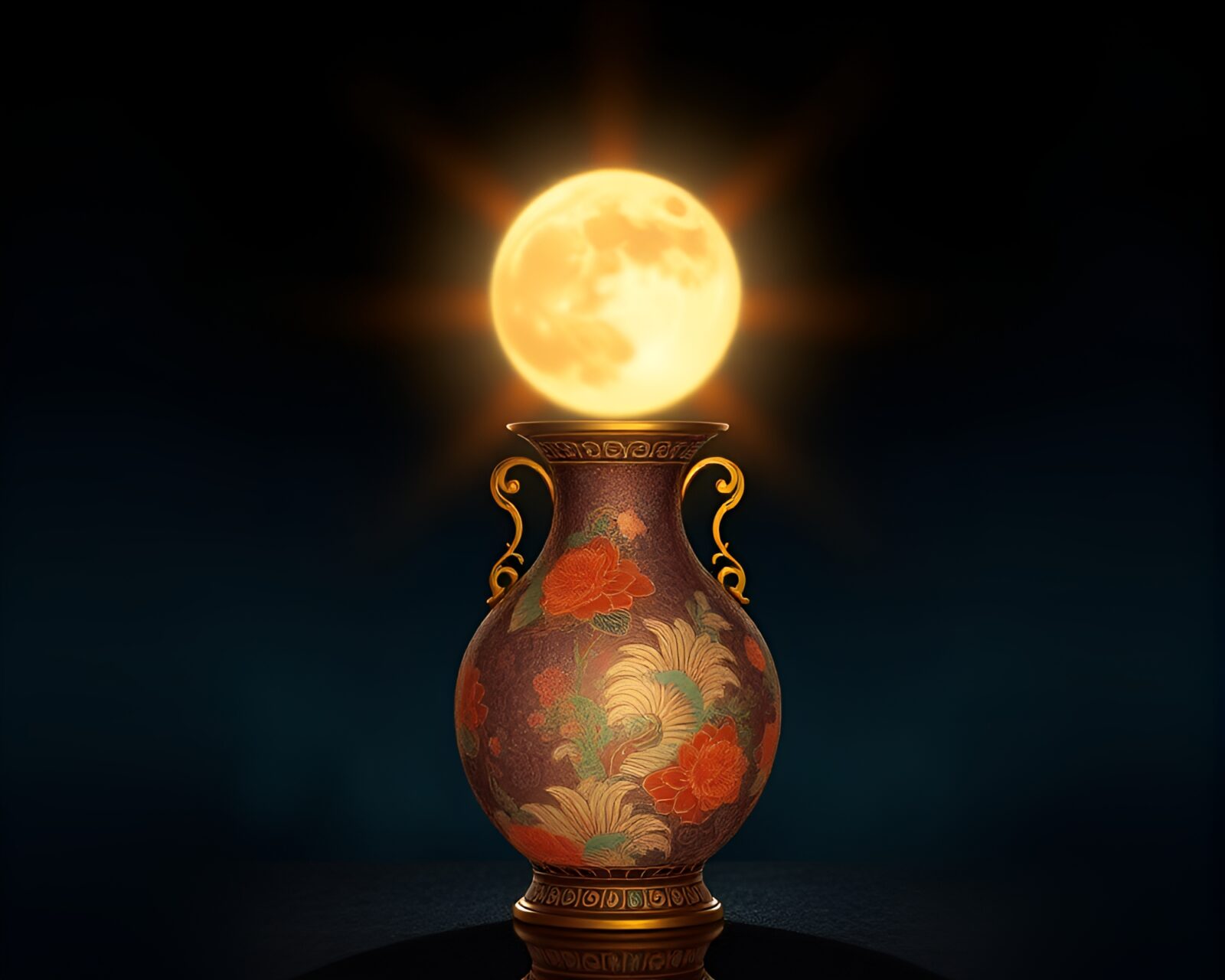Elegant vase glowing in moonlight surrounded by surreal hair