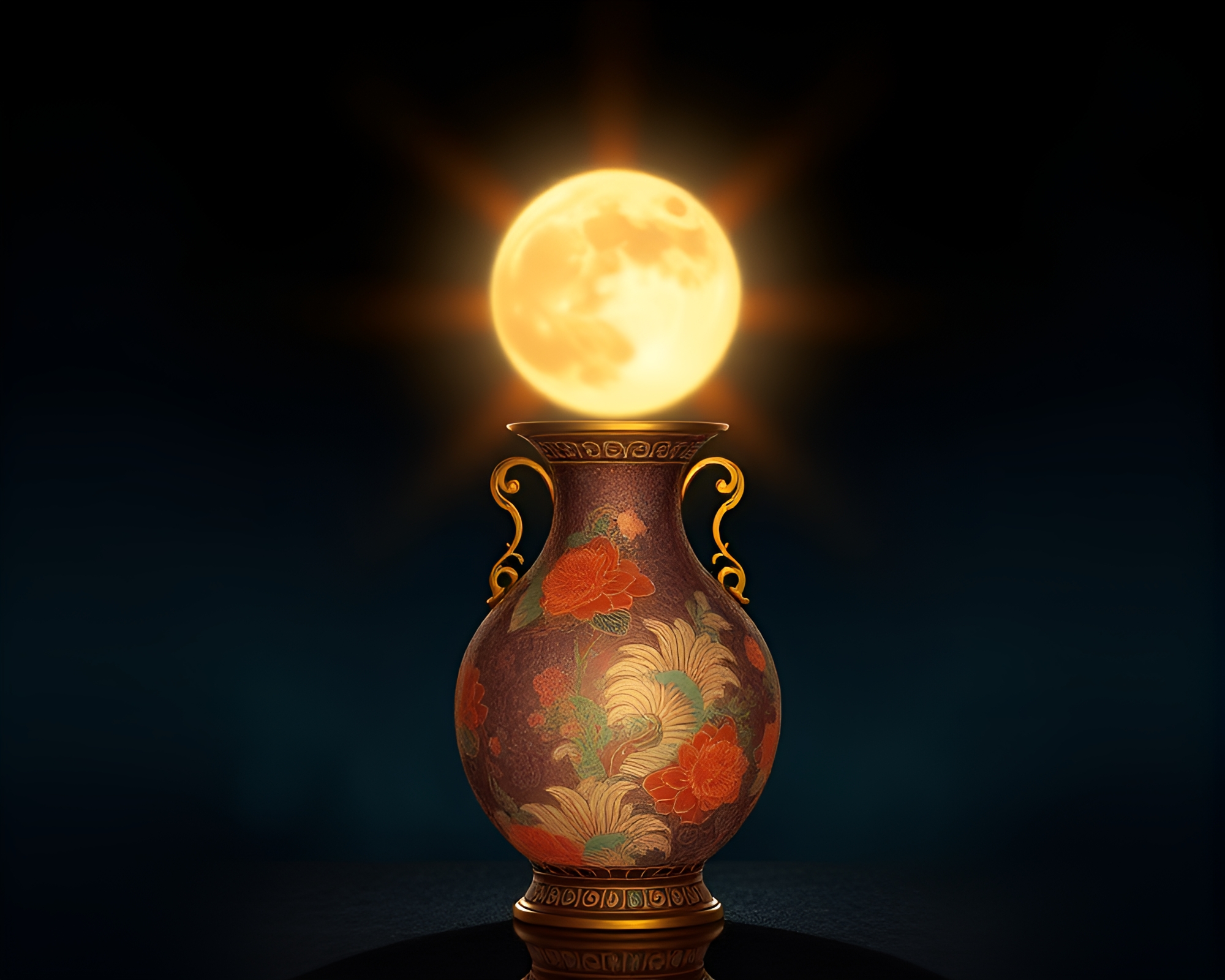 Moonlit Cloisonné Vase with Lens Flare Hair Simulation – free AI stock image