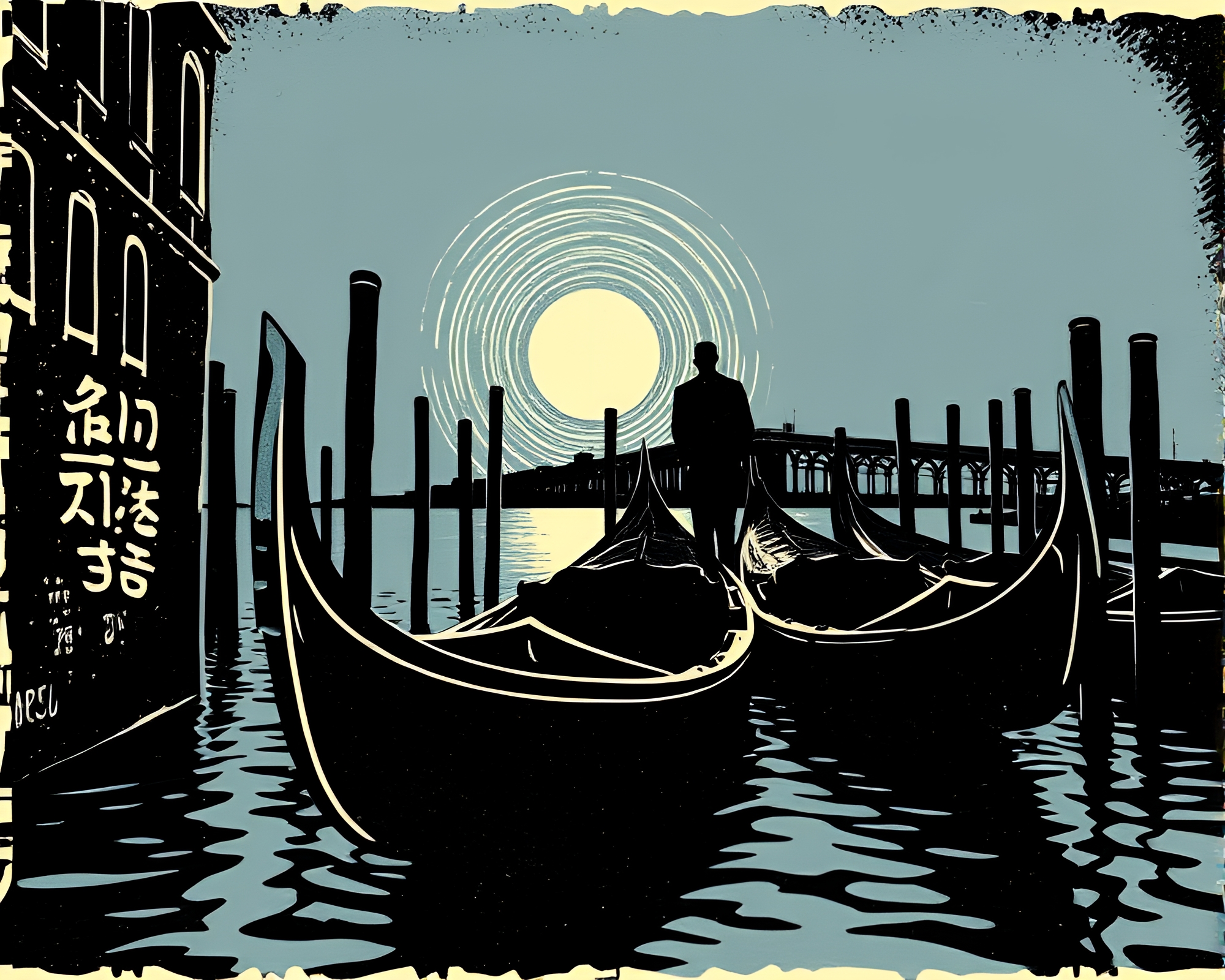 Venetian Gondola in Eclipse Shadow Woodblock Print – free AI stock image