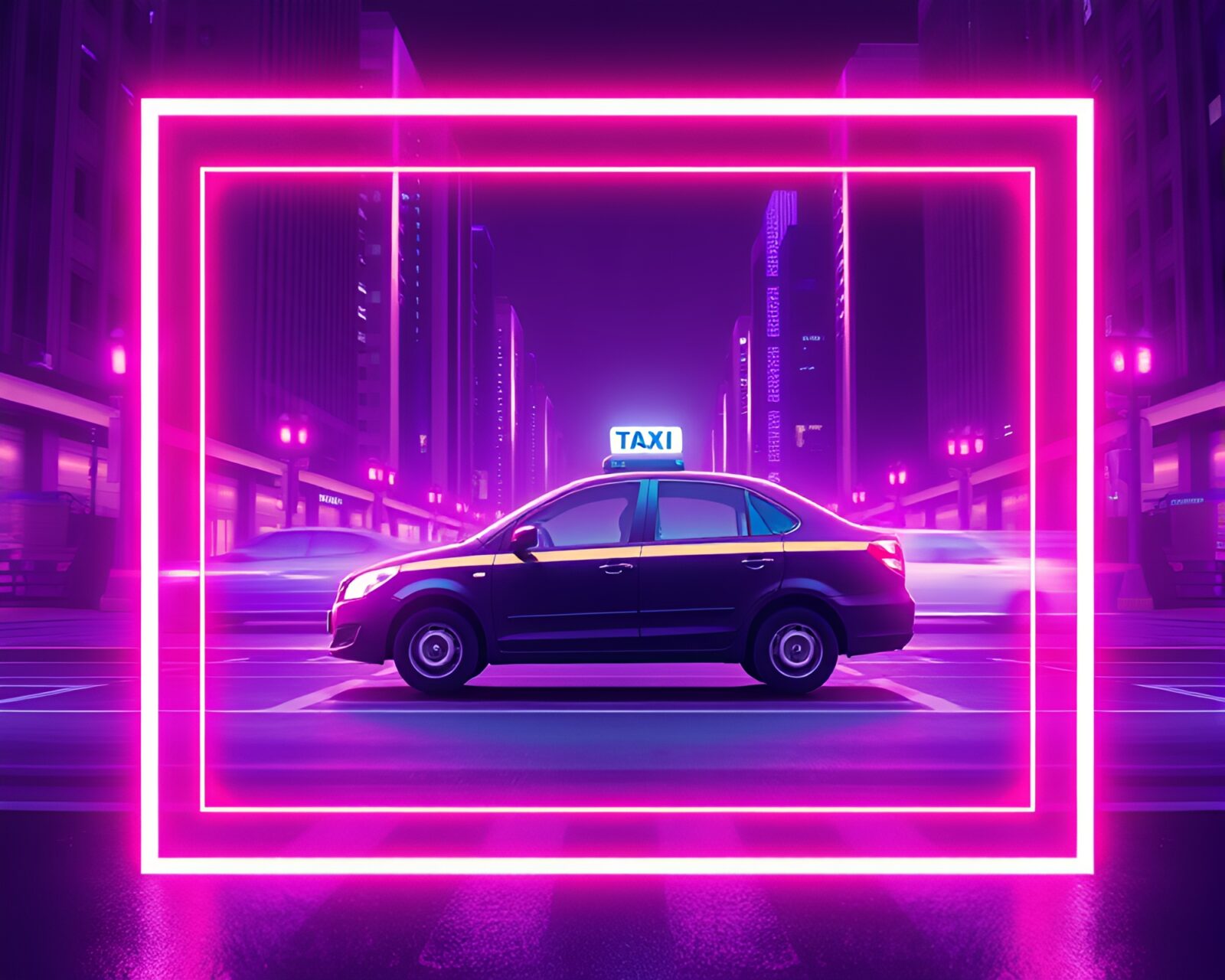 Purple-toned hover taxi framed within algorithmic art design
