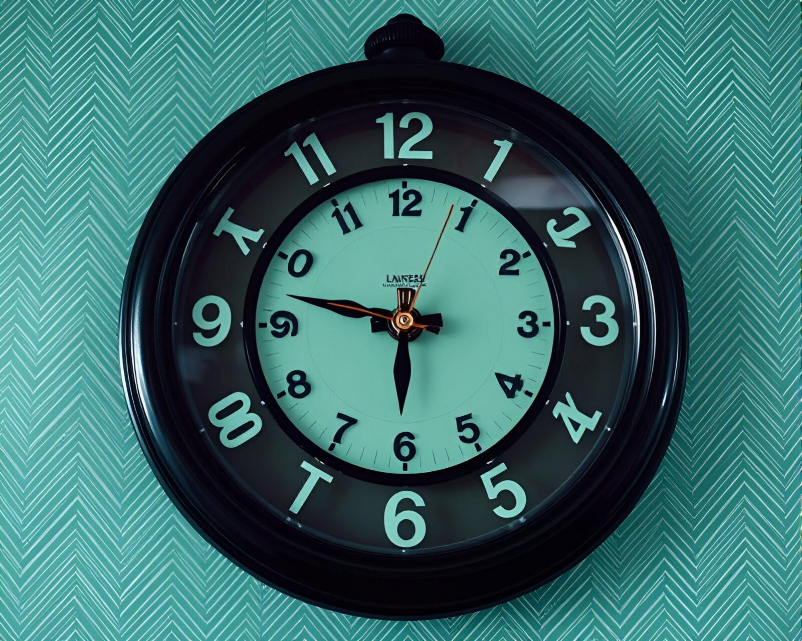 Detailed intricately drawn clock on a mint green background