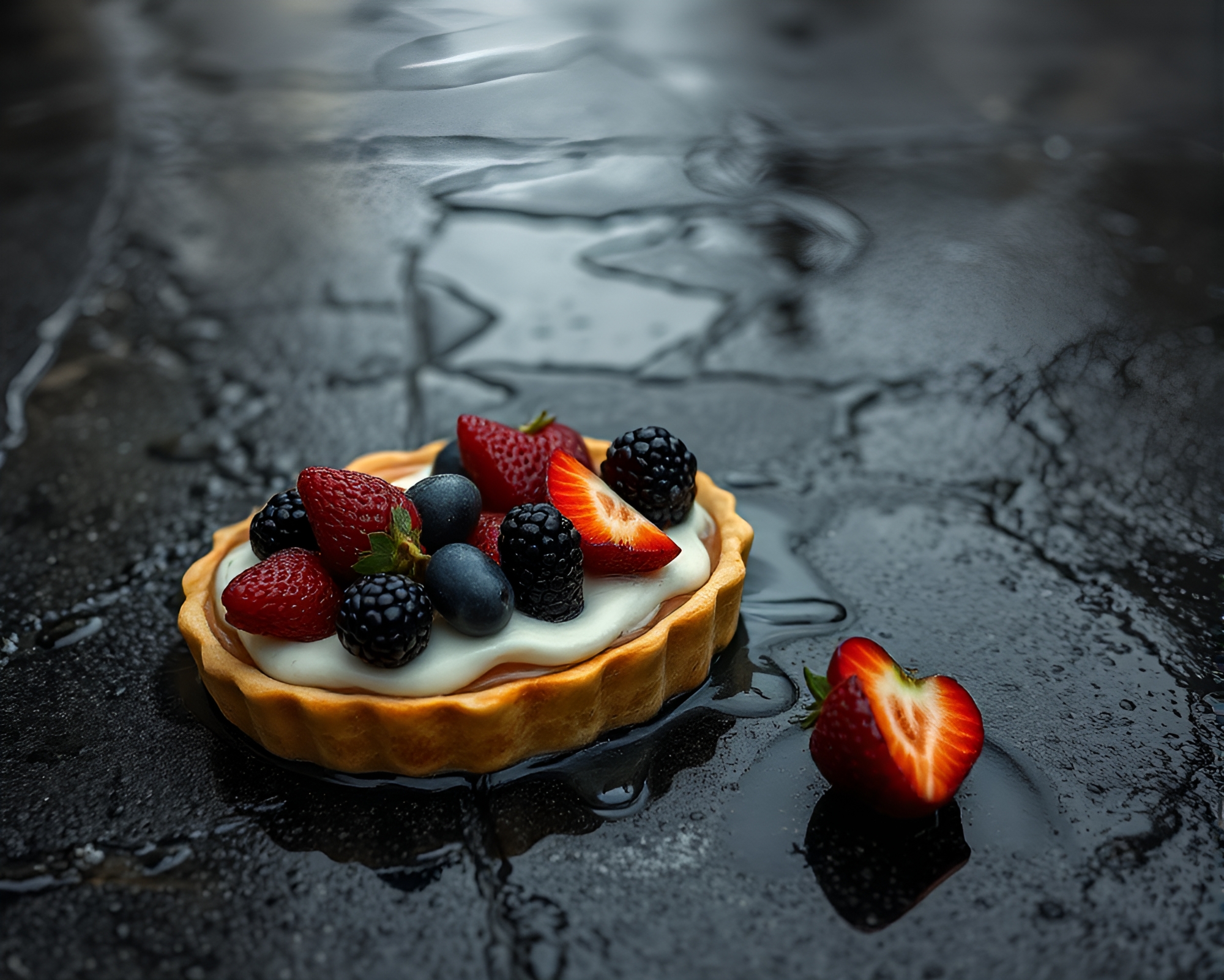 Surreal Fruit Tart on Rainy Charcoal Pavement – free AI stock image