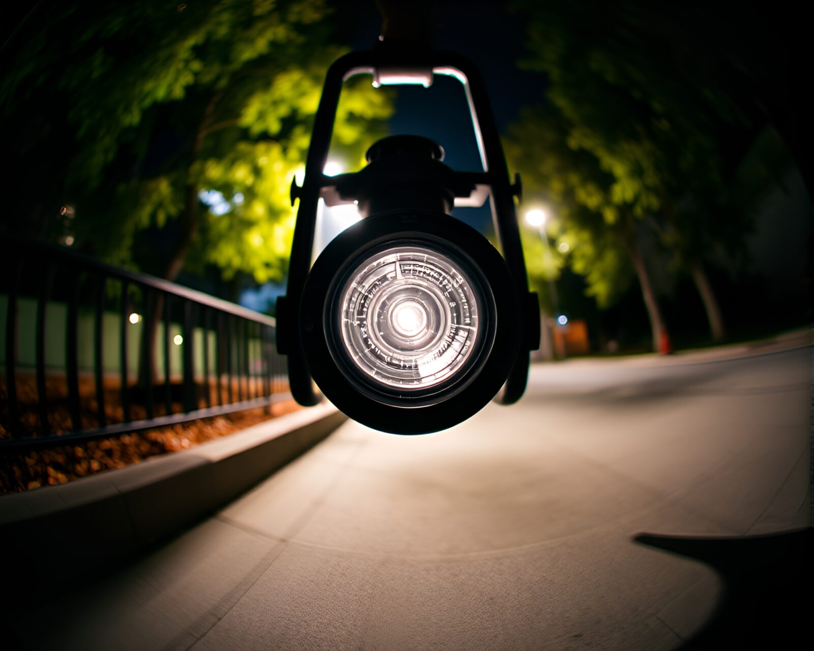 Surreal fisheye view of lantern-lit scene with dramatic shadows